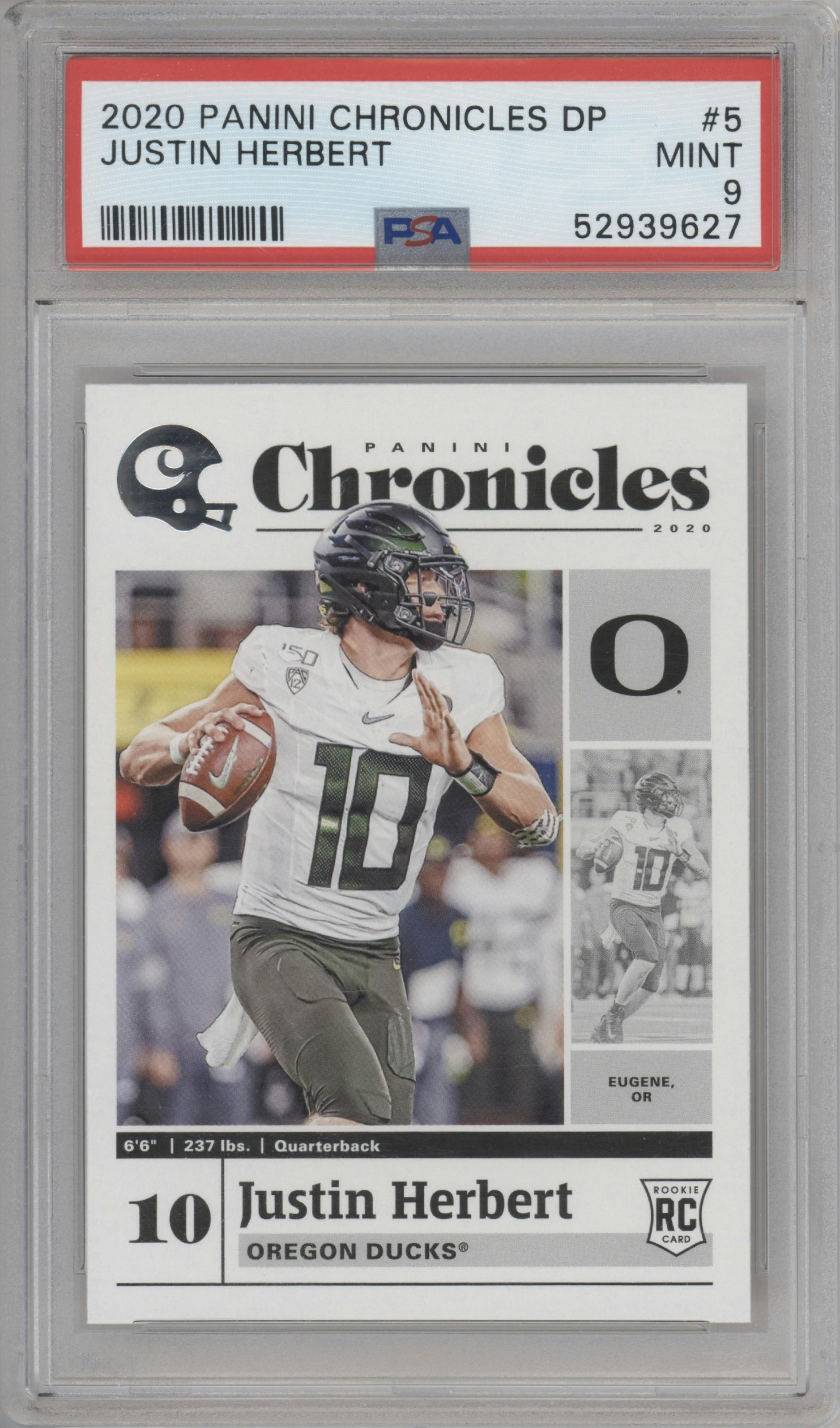 Justin Herbert from the 2020 Panini Chronicles Draft Picks  set graded by PSA and given an overall grade of 9.