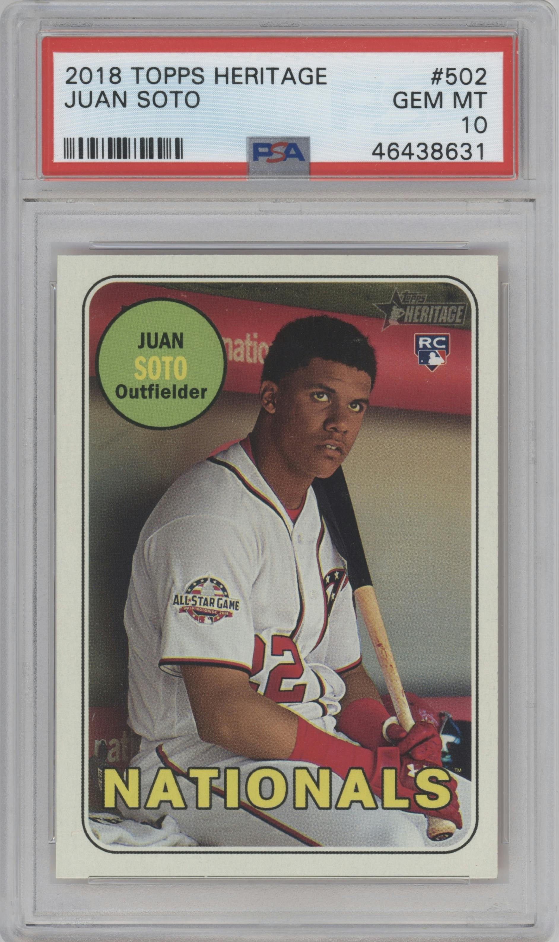 Juan Soto from the 2018 Topps Heritage High Number set graded by PSA and given an overall grade of 10.