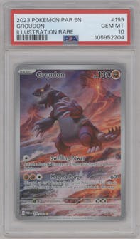 Groudon from the 2023 Pokemon SV set graded by PSA and given an overall grade of 10.