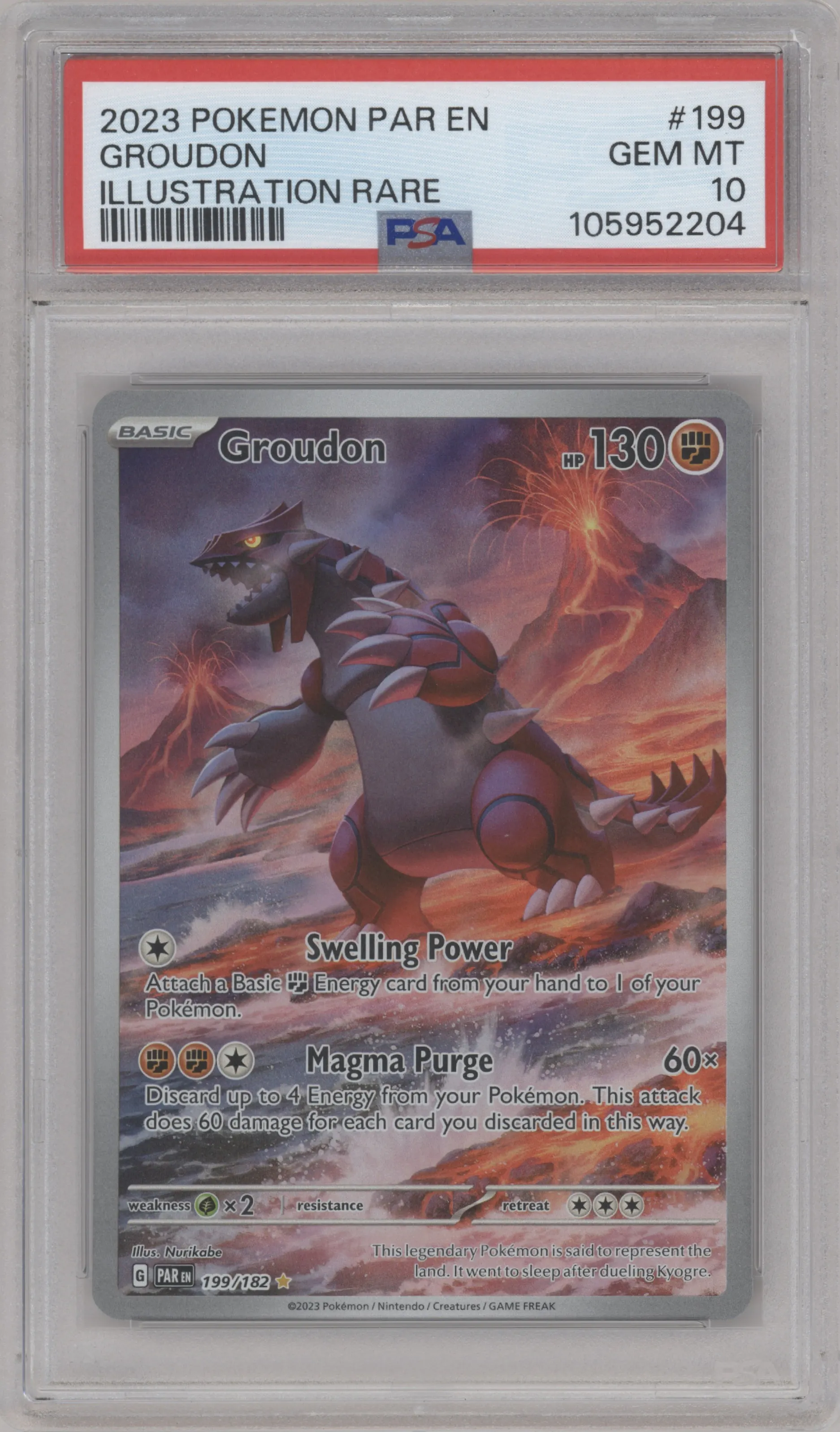 Groudon from the 2023 Pokemon SV set graded by PSA and given an overall grade of 10.