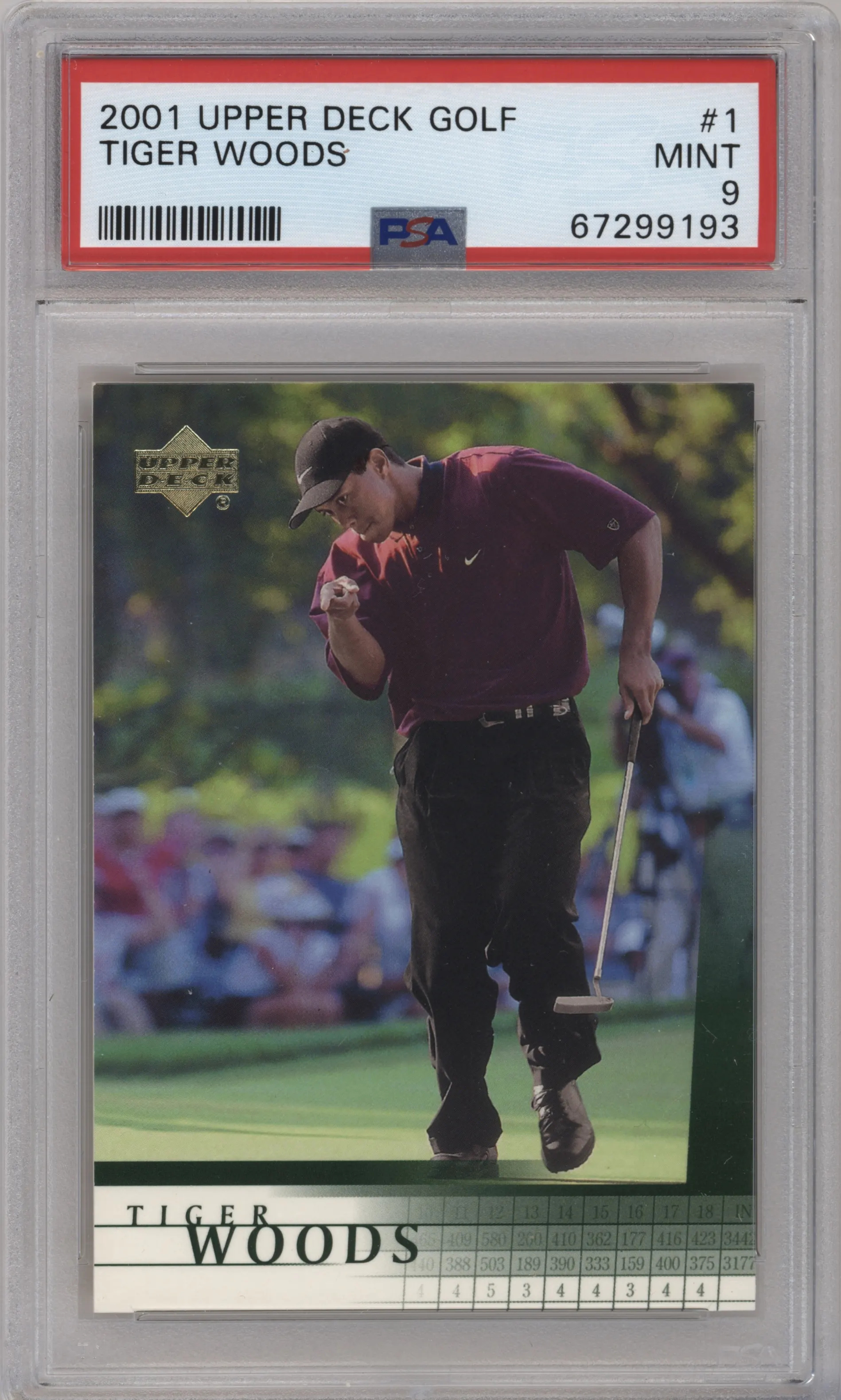 Tiger Woods from the 2001 Upper Deck set graded by PSA and given an overall grade of 9.