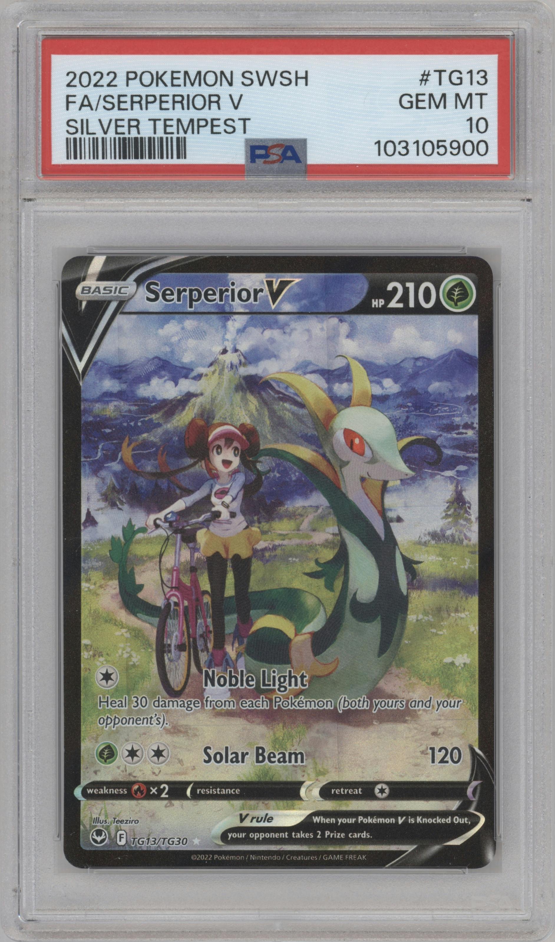 Serperior V from the 2022 Pokemon SWSH set graded by PSA and given an overall grade of 10.