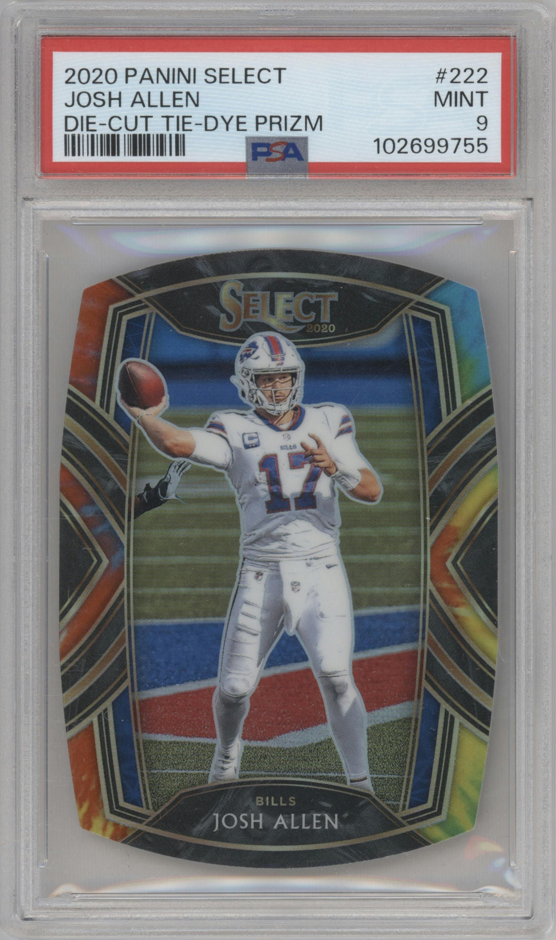 Josh Allen from the 2020 Panini Select set featuring a  Die-Cut Tie-Dye parallel graded by PSA and given an overall grade of 9.
