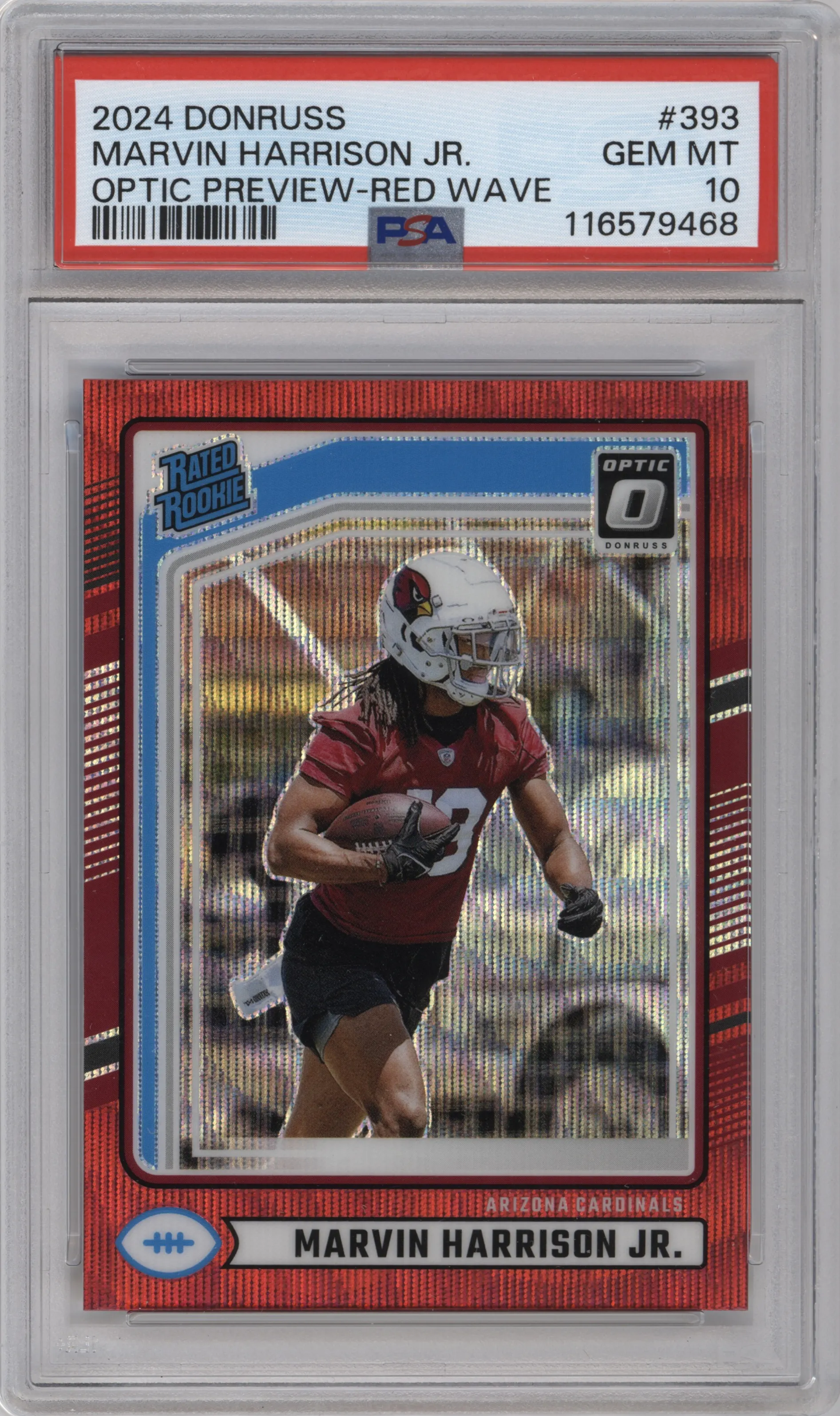Marvin Harrison Jr. from the 2024 Donruss set featuring a Red Wave parallel graded by PSA and given an overall grade of 10.
