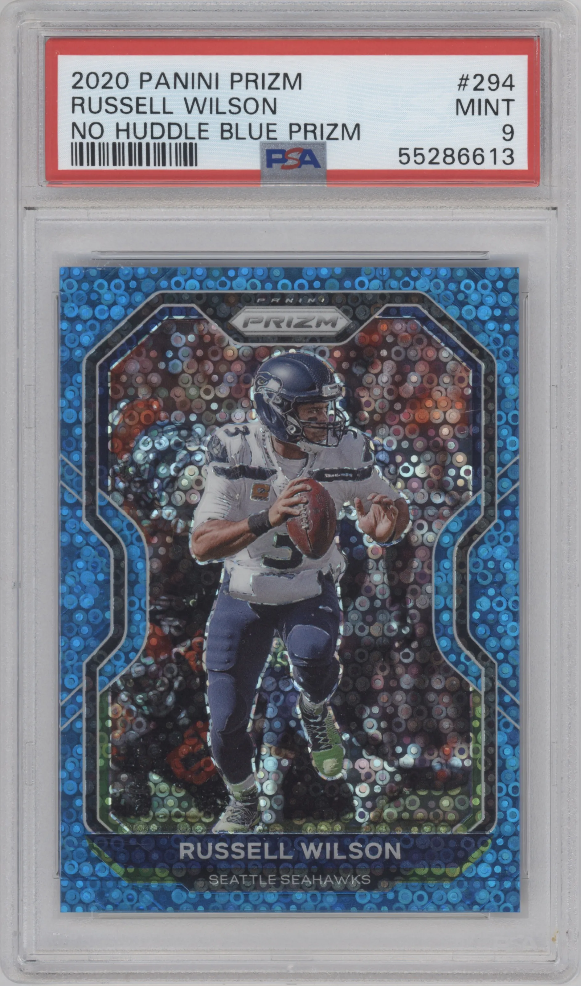 Russell Wilson from the 2020 Panini Prizm set featuring a No Huddle Blue parallel graded by PSA and given an overall grade of 9.