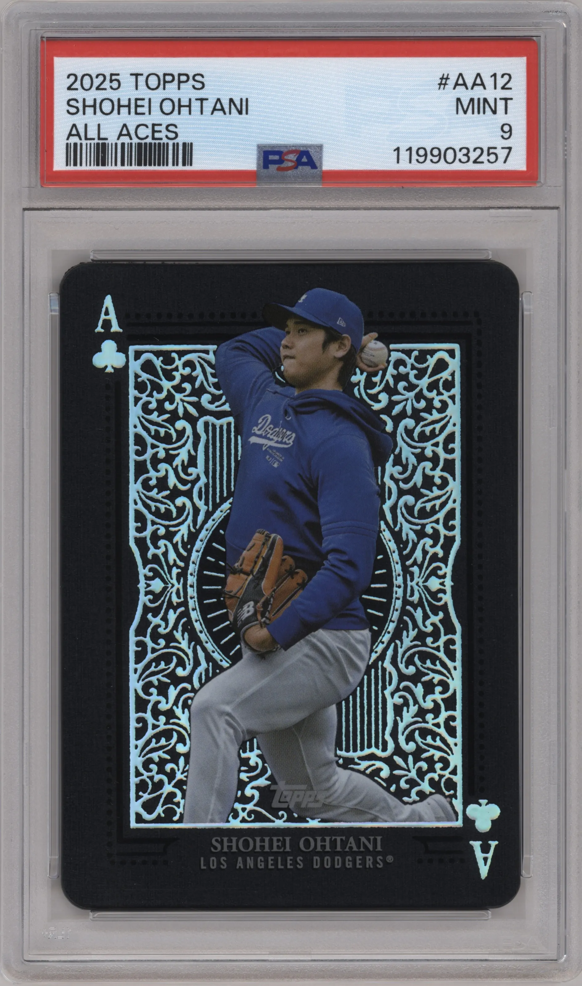 Shohei Ohtani from the 2025 Topps set graded by PSA and given an overall grade of 9.