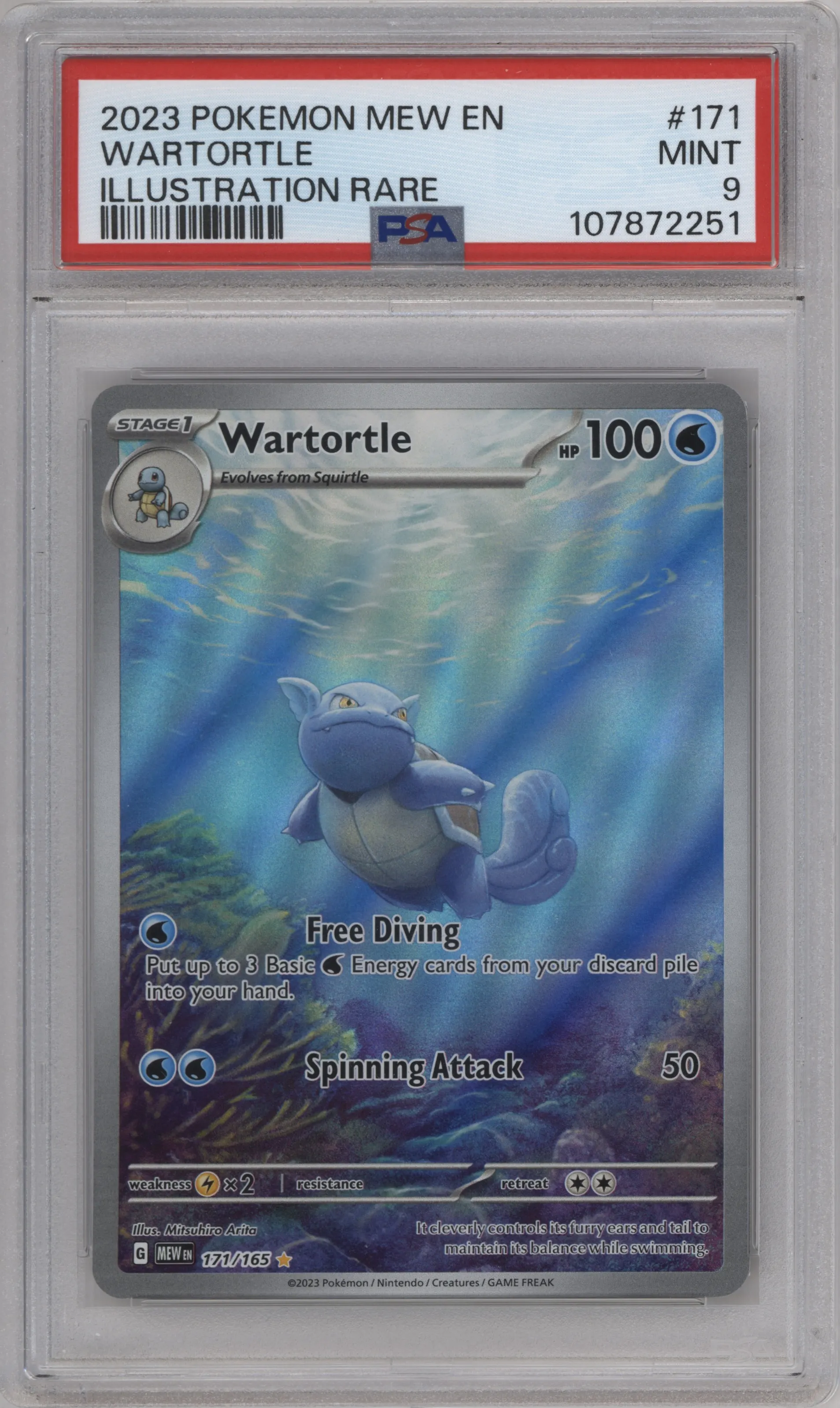 Wartortle from the 2023 Pokemon SV set graded by PSA and given an overall grade of 9.