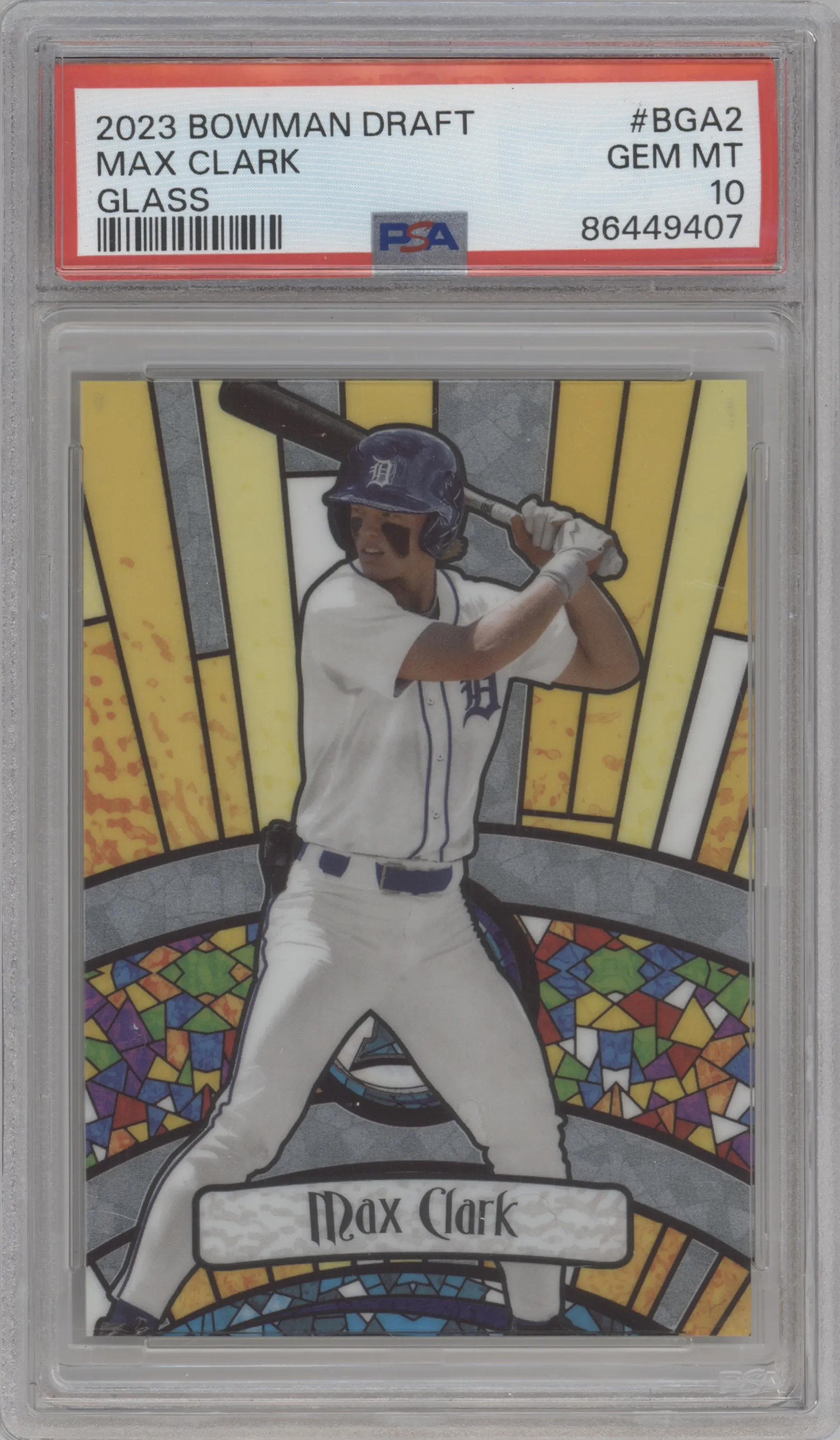 Max Clark from the 2023 Bowman Draft set graded by PSA and given an overall grade of 10.