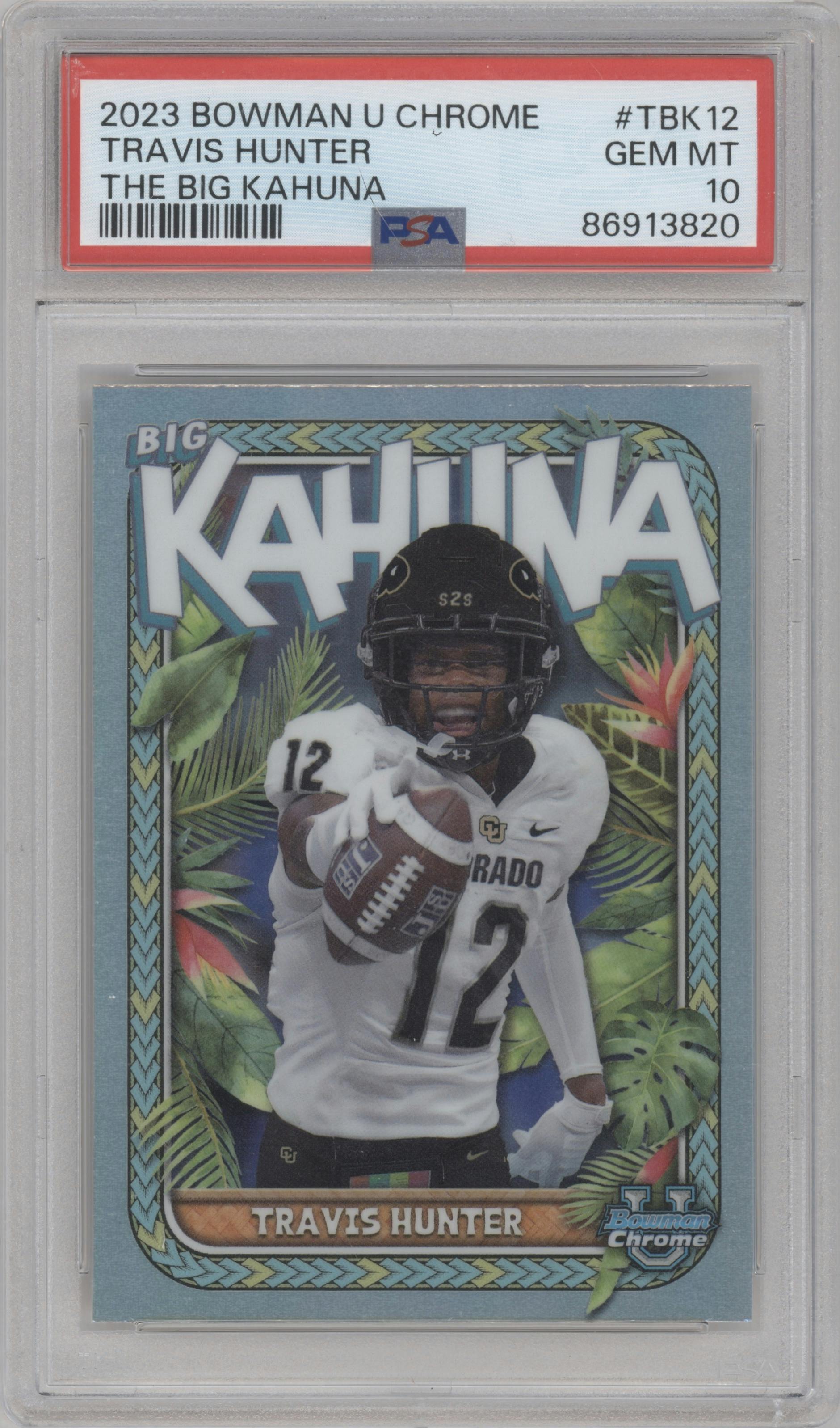 Travis Hunter from the 2023 Bowman Chrome University set graded by PSA and given an overall grade of 10.