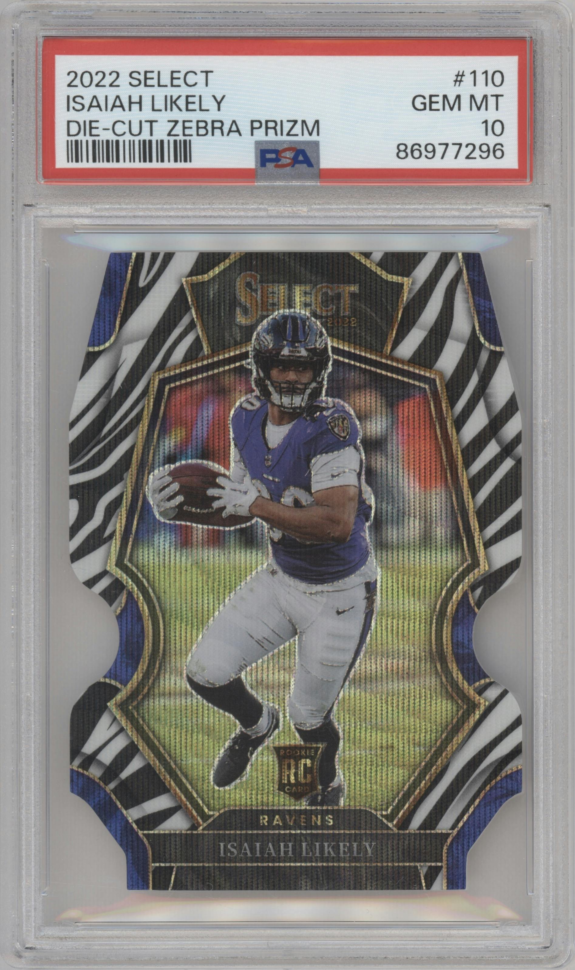 Isaiah Likely from the 2022 Panini Select set featuring a Die-Cut Zebra parallel graded by PSA and given an overall grade of 10.