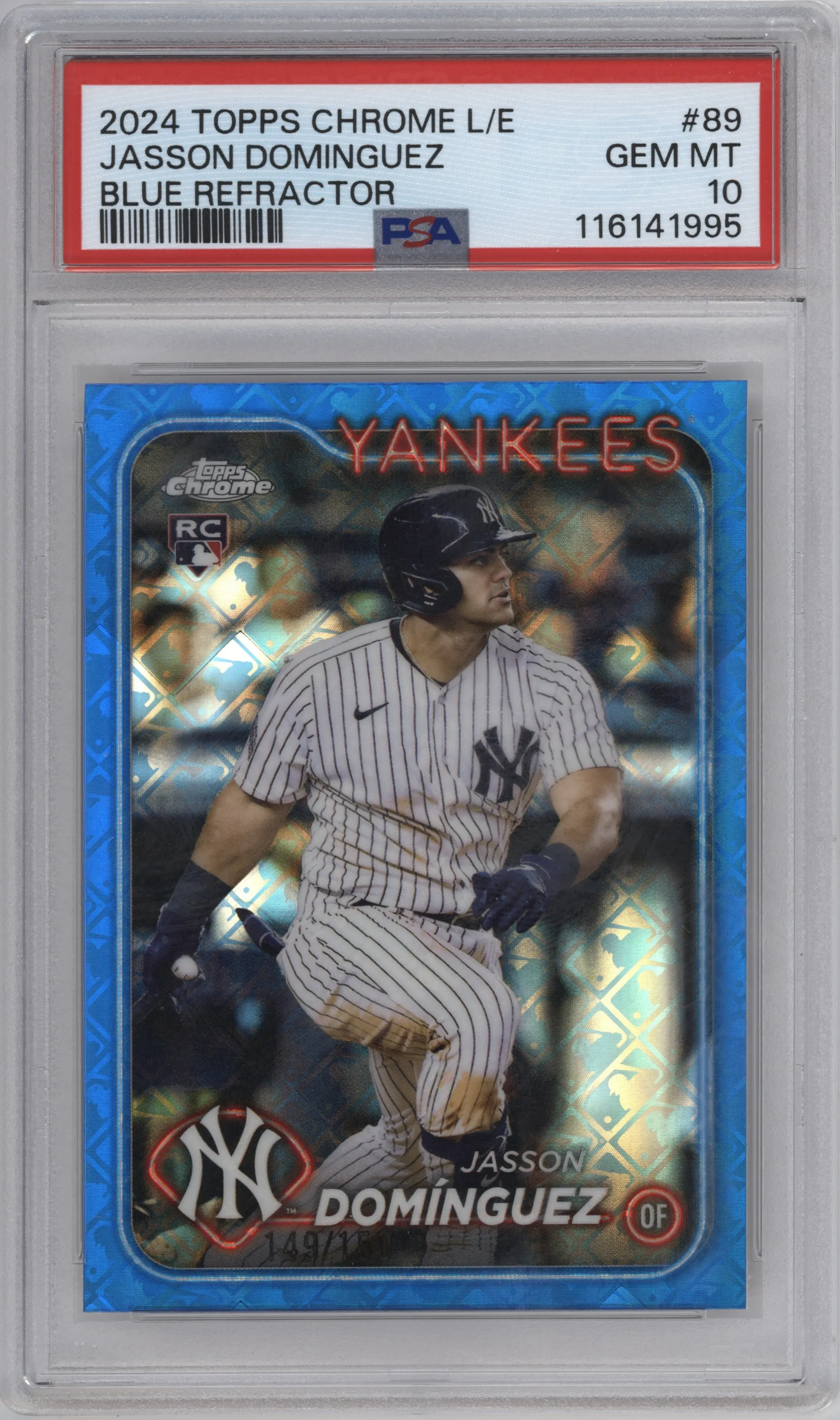 Jasson Dominguez from the 2024 Topps Chrome Logofractor set featuring a Blue MLB Refractor parallel graded by PSA and given an overall grade of 10.