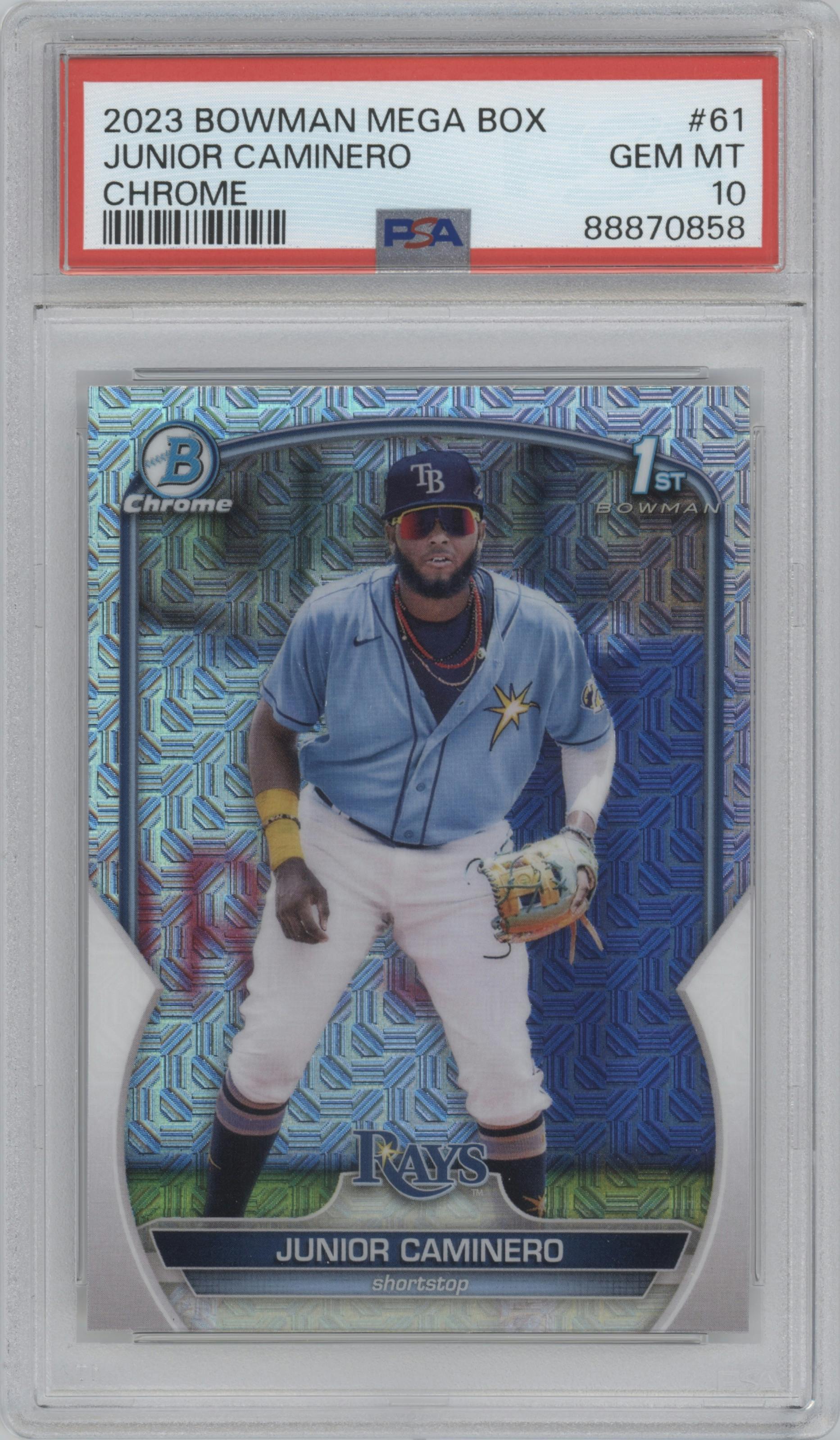 Junior Caminero from the 2023 Bowman Mega Box set graded by PSA and given an overall grade of 10.