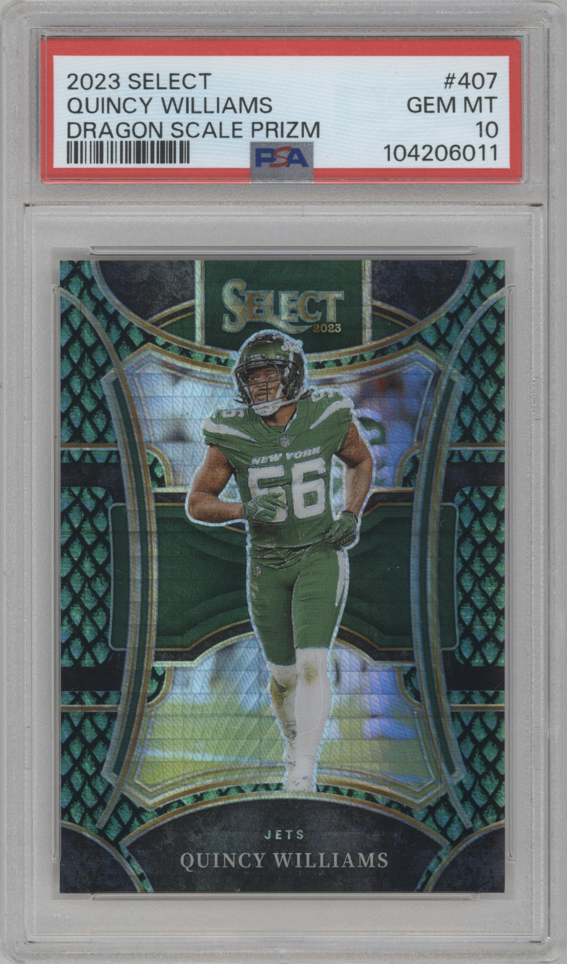Quincy Williams from the 2023 Panini Select set featuring a Dragon Scale parallel graded by PSA and given an overall grade of 10.