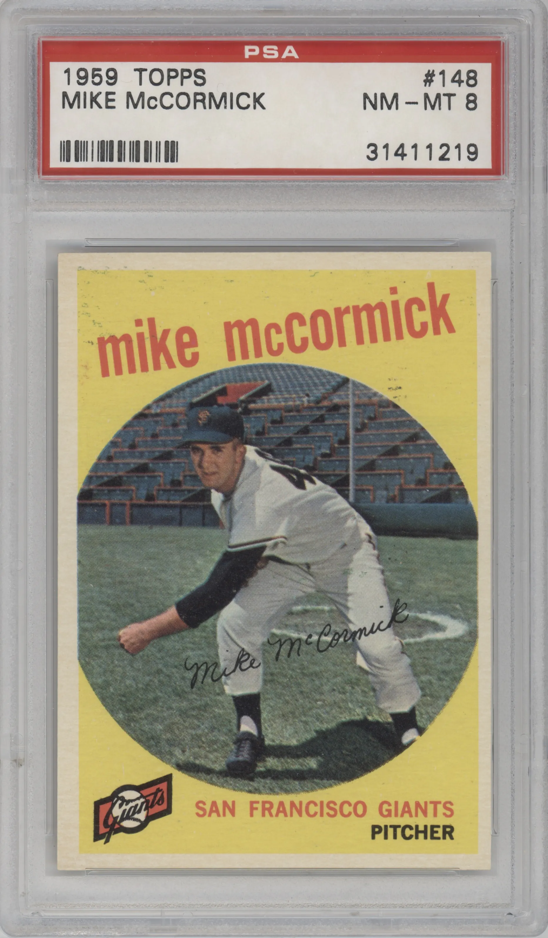Mike McCormick from the 1959 Topps set graded by PSA and given an overall grade of 8.