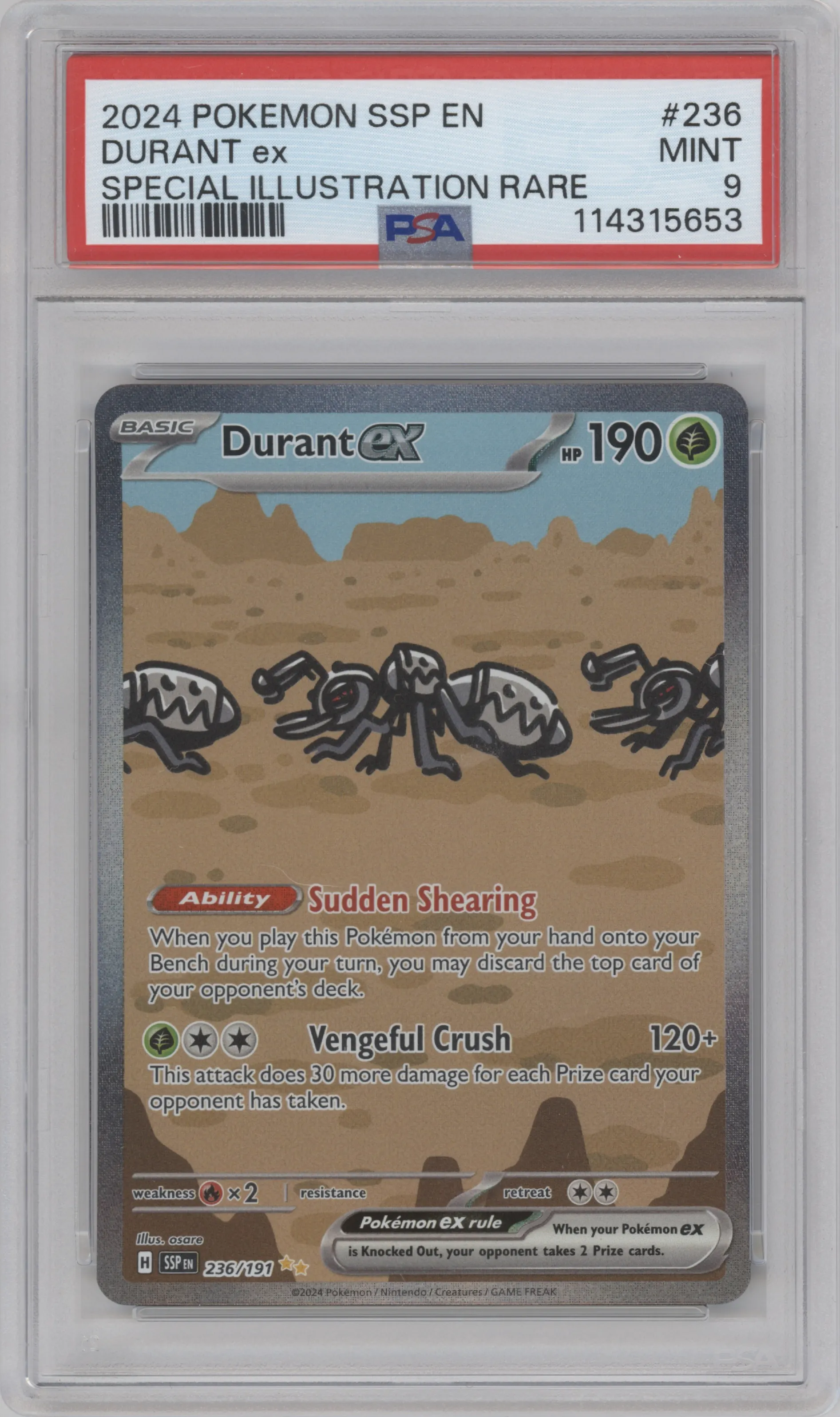 Durant ex from the 2024 Pokemon SV set graded by PSA and given an overall grade of 9.