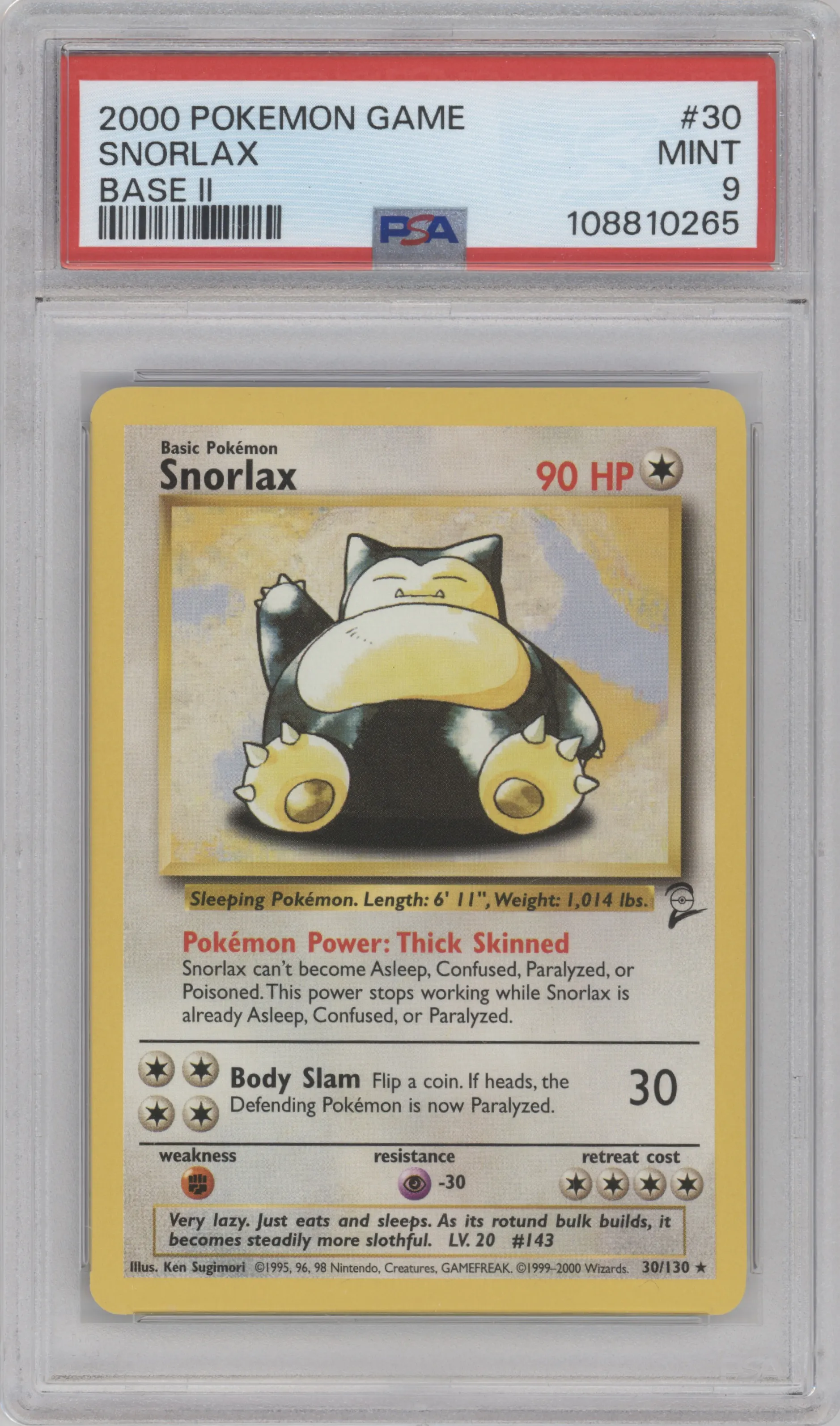 Snorlax from the 2000 Pokemon set graded by PSA and given an overall grade of 9.