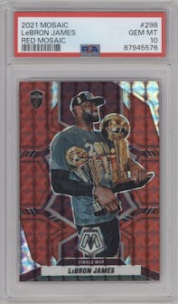 LeBron James from the 2021-22 Panini Mosaic  set featuring a Red Mosaic parallel graded by PSA and given an overall grade of 10.