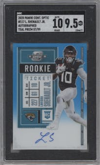 Laviska Shenault Jr. from the 2020 Panini Contenders Optic set featuring a Teal parallel graded by SGC and given an overall grade of 9.5.