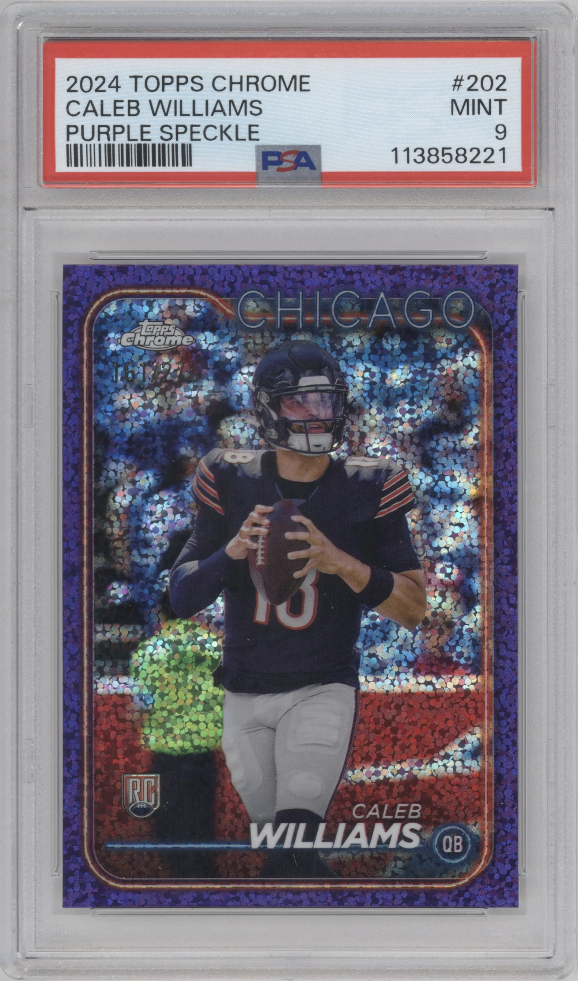 Caleb Williams from the 2024 Topps Chrome set featuring a Purple Speckle parallel graded by PSA and given an overall grade of 9.