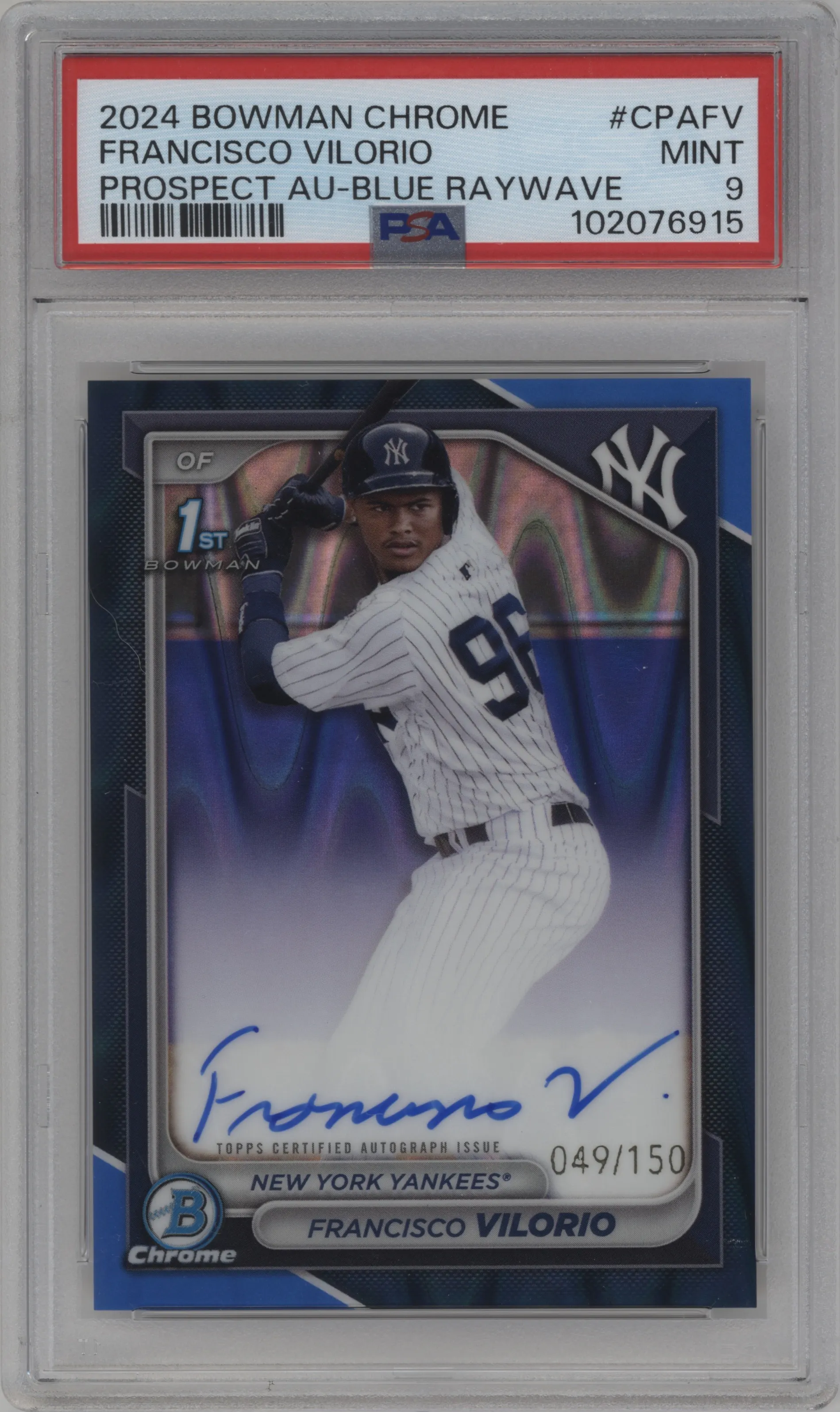 2024 Bowman Chrome Chr.Pros.Auto Francisco Vilorio Blue Raywave Refractor PSA 9