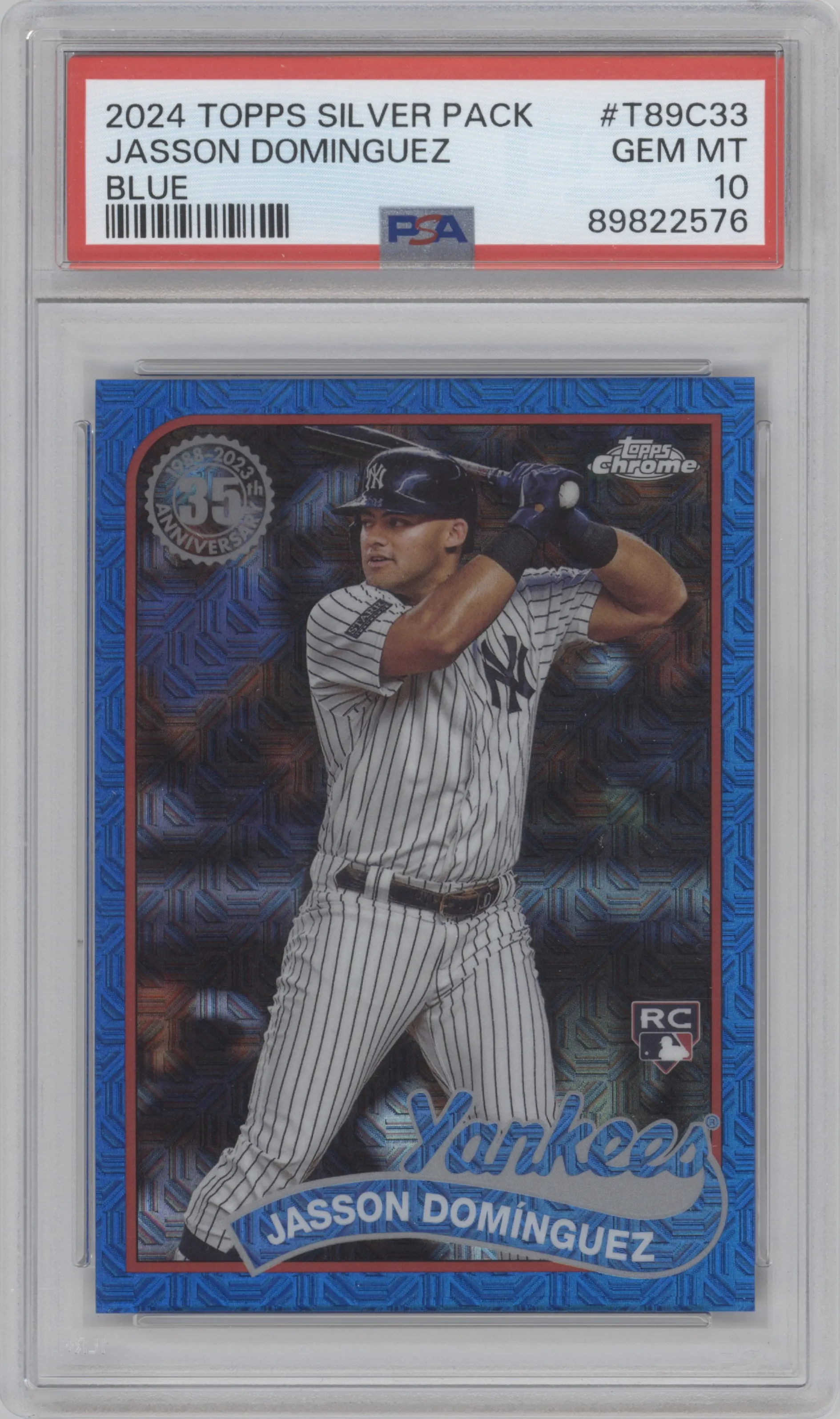 Jasson Dominguez from the 2024 Topps Series 1 Silver Pack set featuring a Blue parallel graded by PSA and given an overall grade of 10.