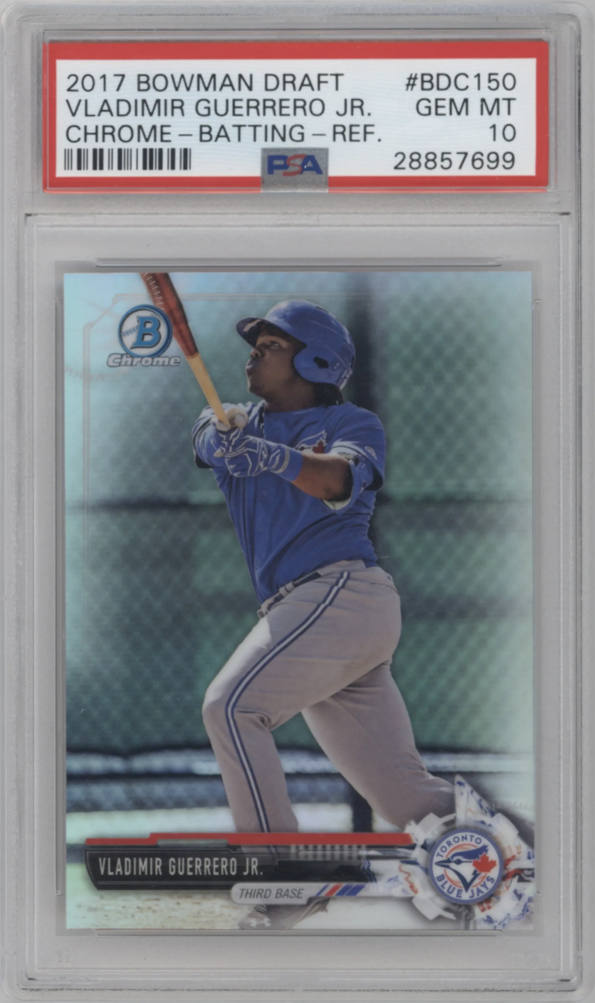 Vladimir Guerrero Jr. from the 2017 Bowman Draft set featuring a Refractor parallel graded by PSA and given an overall grade of 10.