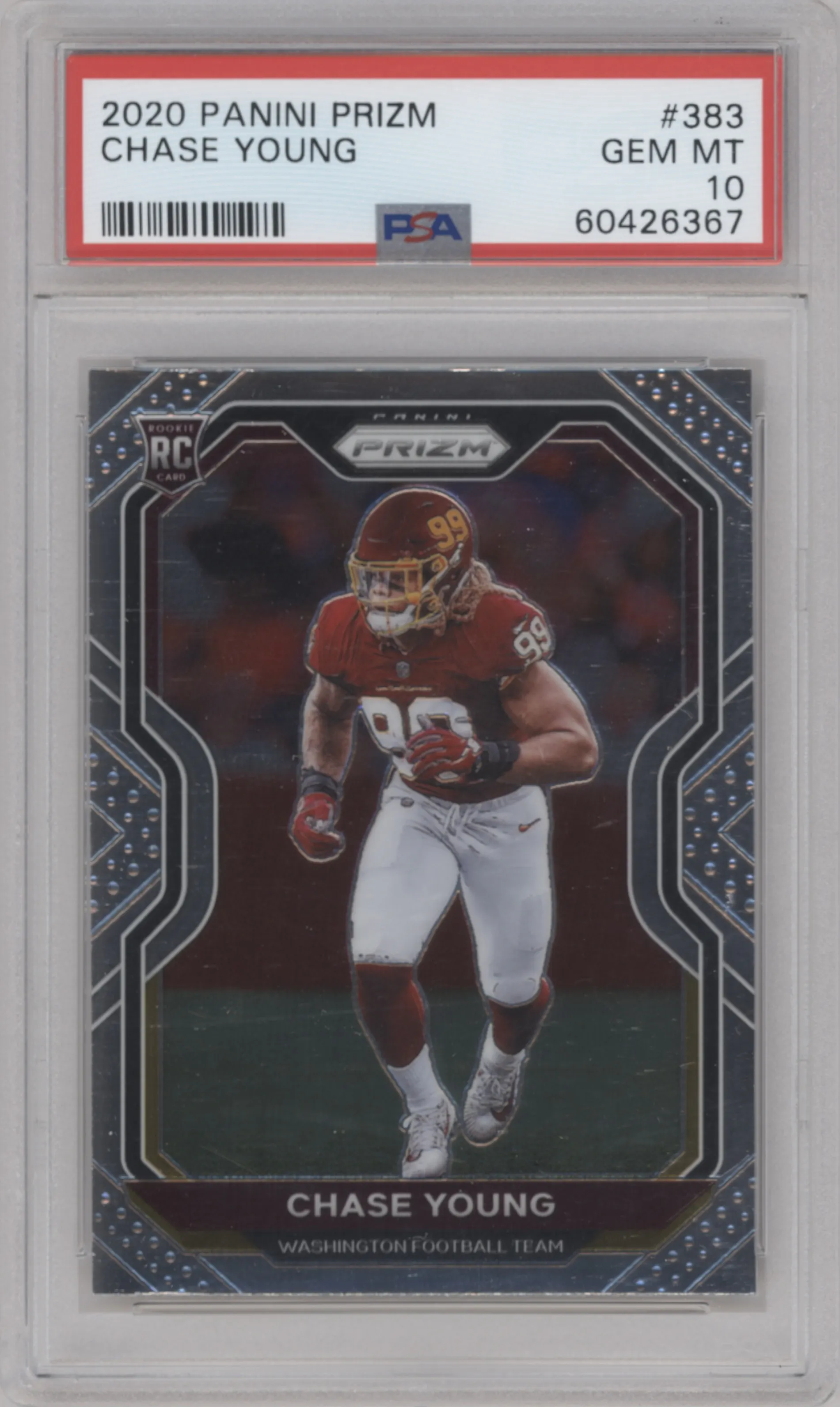 Chase Young from the 2020 Panini Prizm set graded by PSA and given an overall grade of 10.