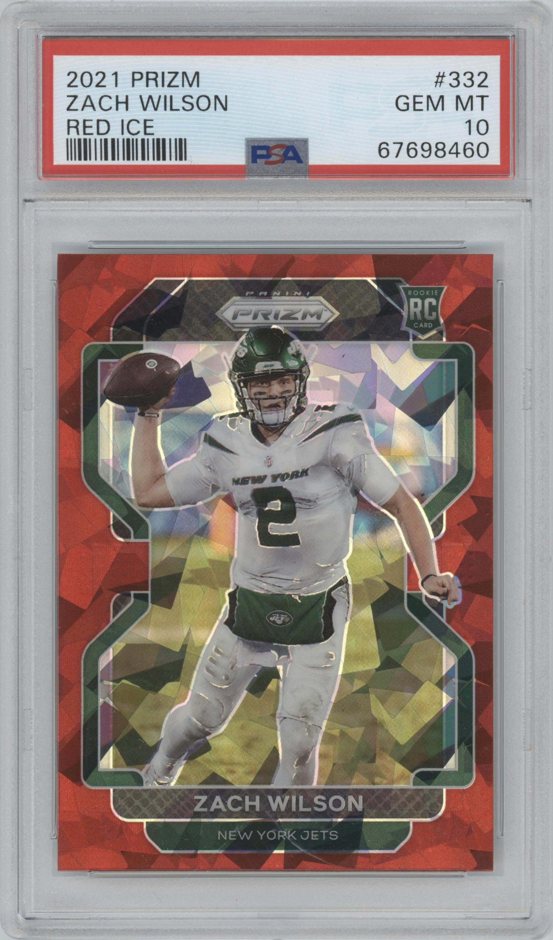 Zach Wilson from the 2021 Panini Prizm set featuring a Red Ice parallel graded by PSA and given an overall grade of 10.