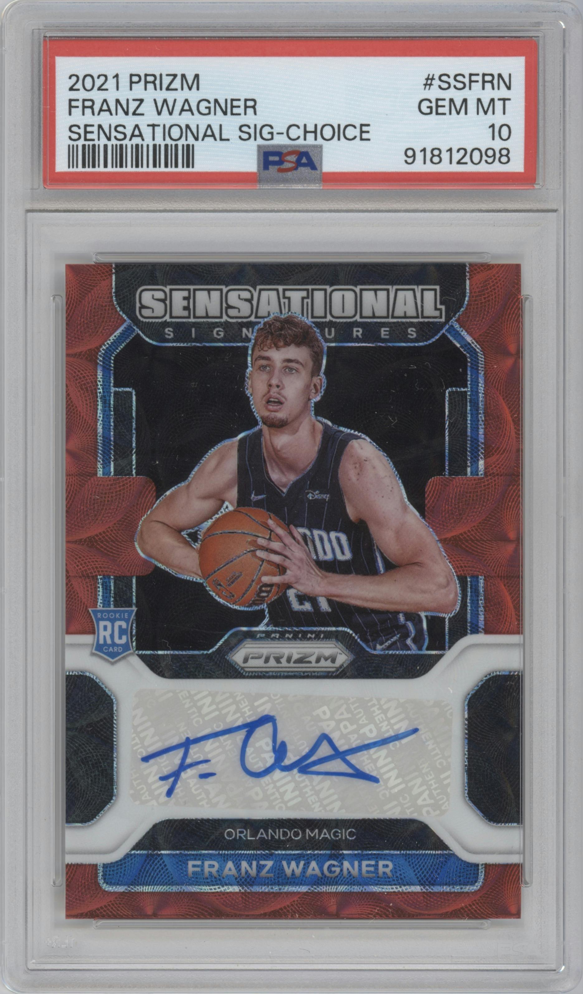 Franz Wagner from the 2021-22 Panini Prizm  set featuring a Choice parallel graded by PSA and given an overall grade of 10.