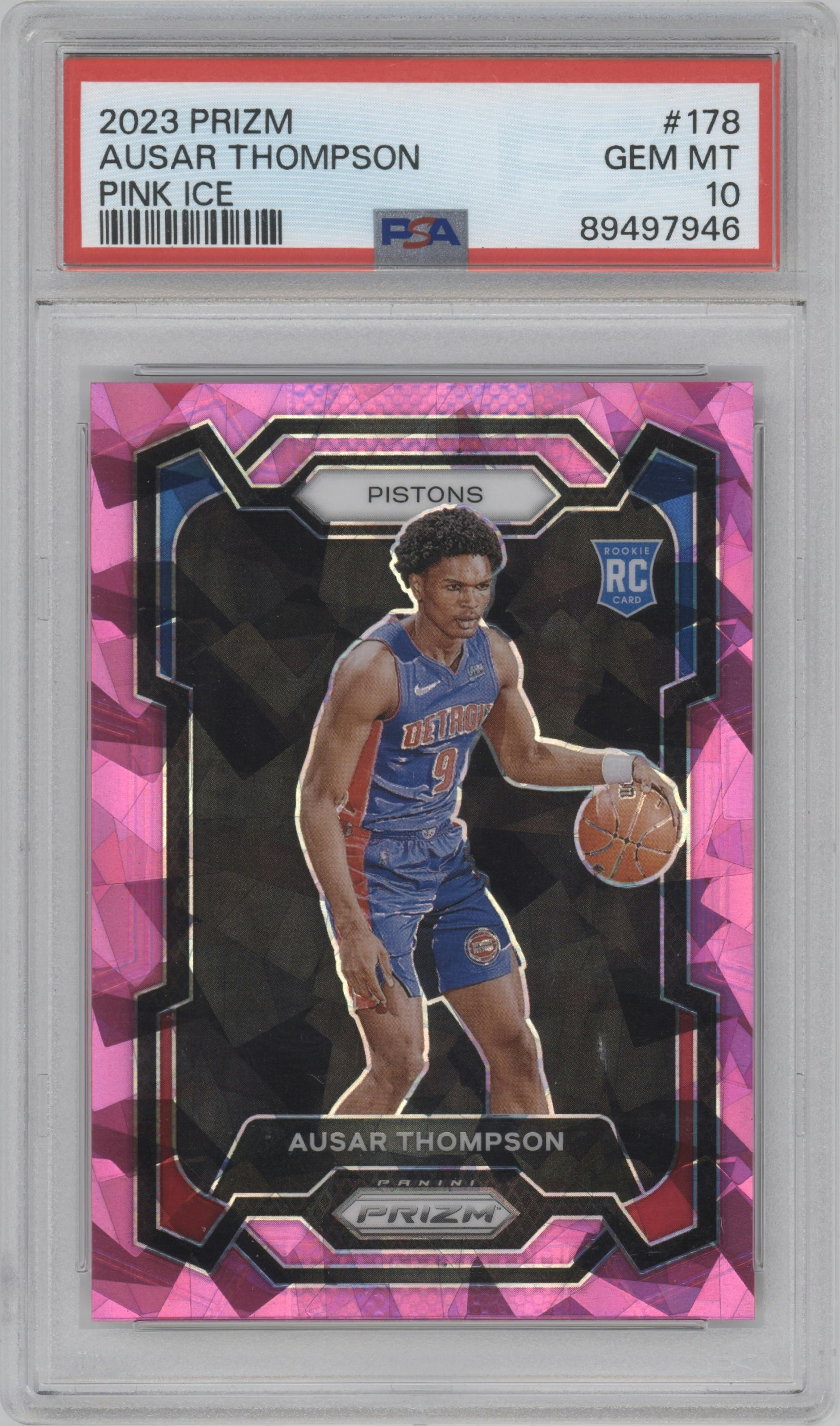 Ausar Thompson from the 2023-24 Panini Prizm set featuring a Pink Ice parallel graded by PSA and given an overall grade of 10.