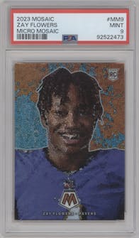 Zay Flowers from the 2023 Panini Mosaic set graded by PSA and given an overall grade of 9.