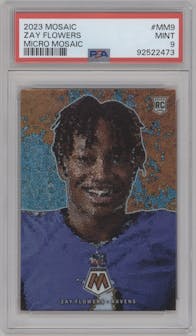Zay Flowers from the 2023 Panini Mosaic set graded by PSA and given an overall grade of 9.