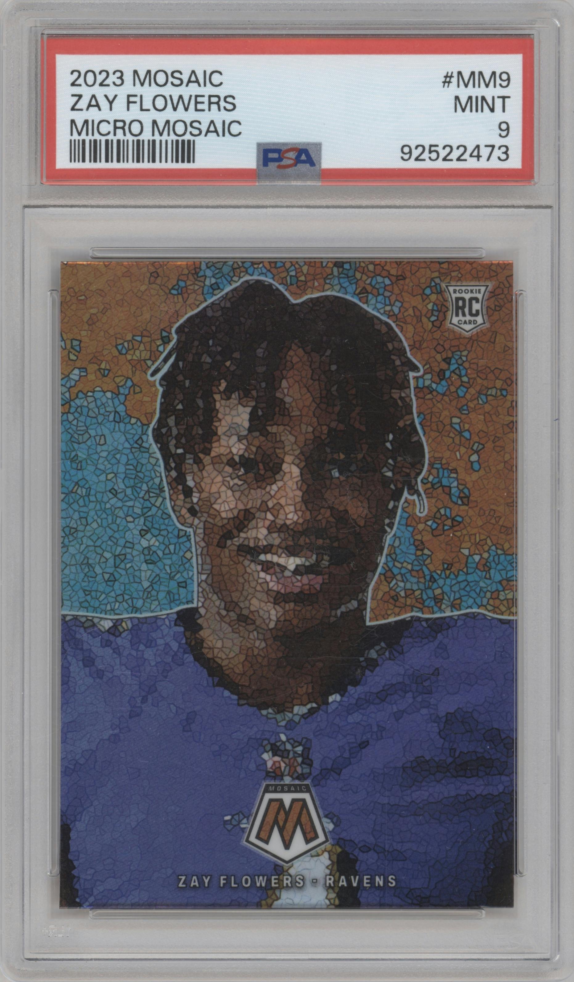 Zay Flowers from the 2023 Panini Mosaic set graded by PSA and given an overall grade of 9.