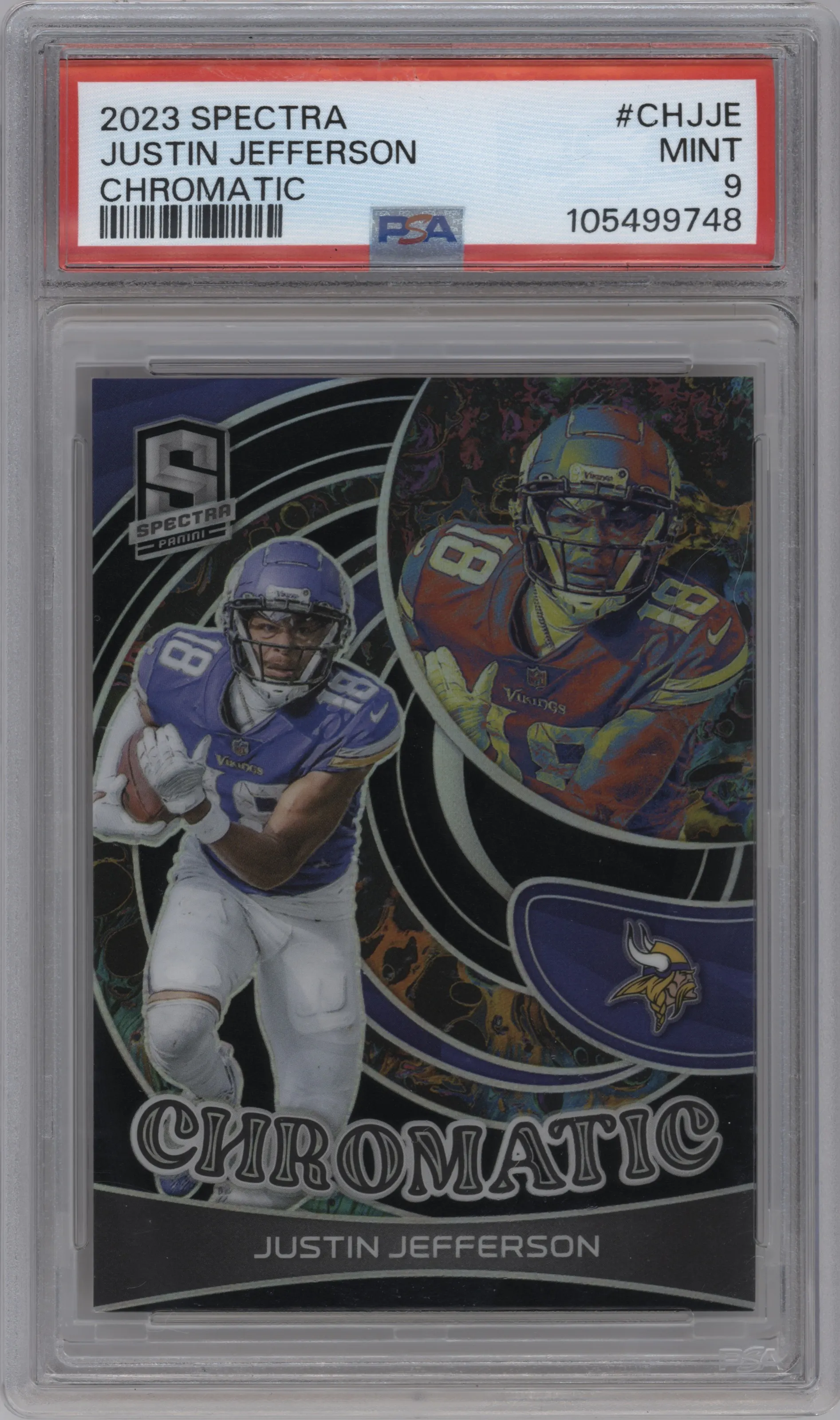 Justin Jefferson from the 2023 Panini Spectra set graded by PSA and given an overall grade of 9.