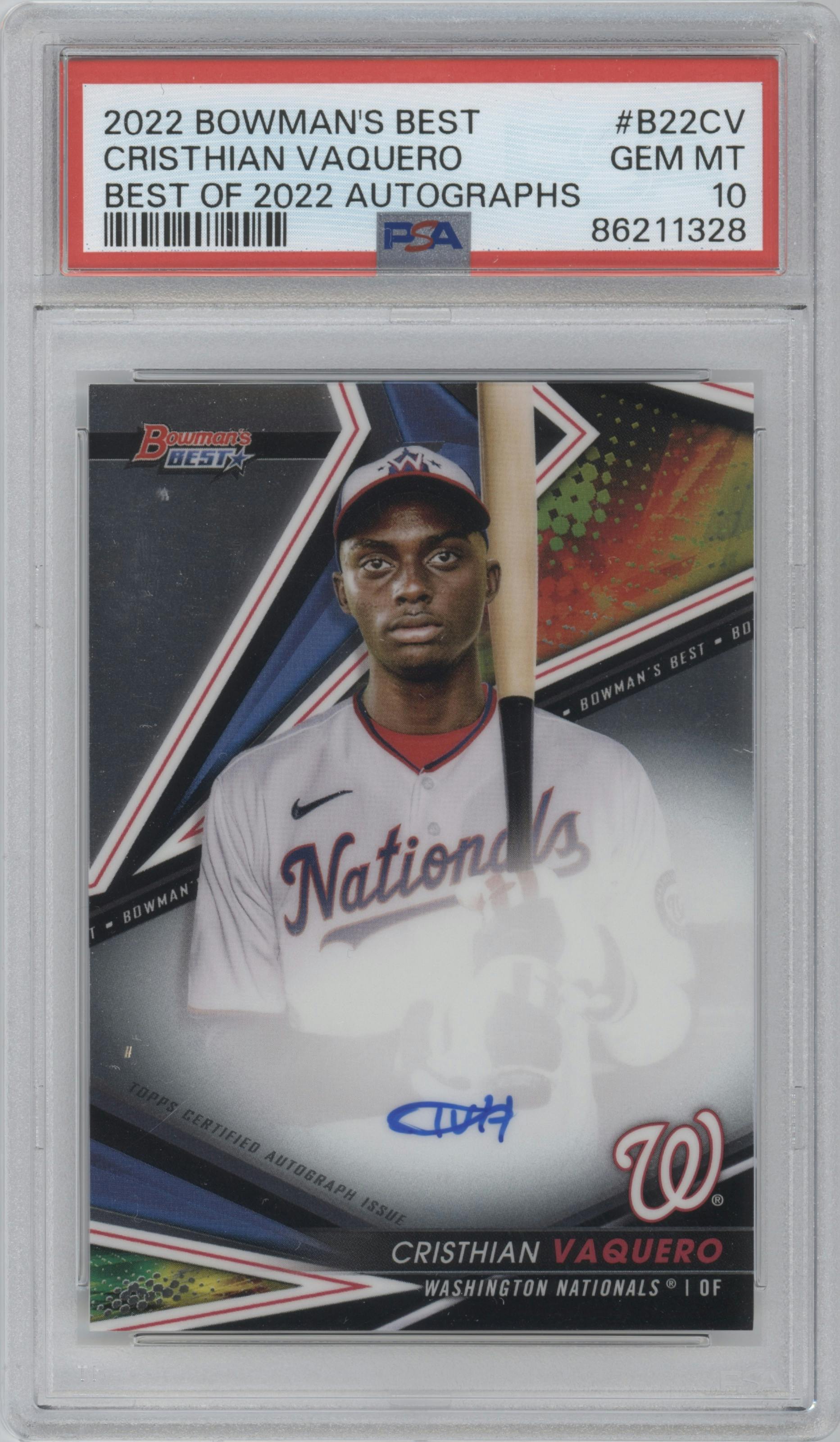 Cristhian Vaquero from the 2022 Bowman’s Best   set graded by PSA and given an overall grade of 10.