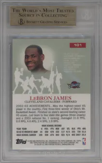 LeBron James from the 2003-04 Topps Pristine set graded by Beckett and given an overall grade of 9.5.