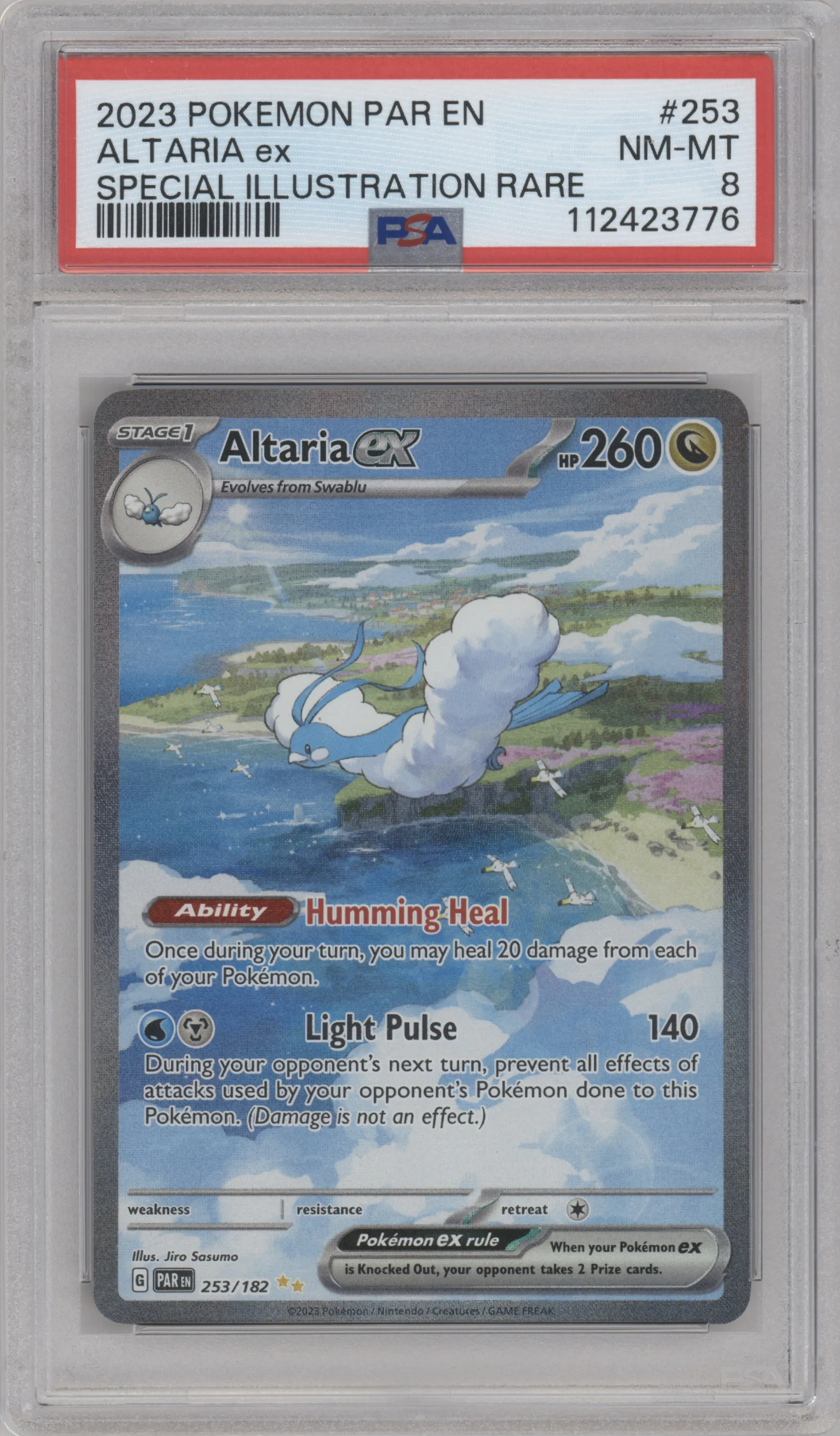 Altaria ex from the 2023 Pokemon SV set graded by PSA and given an overall grade of 8.