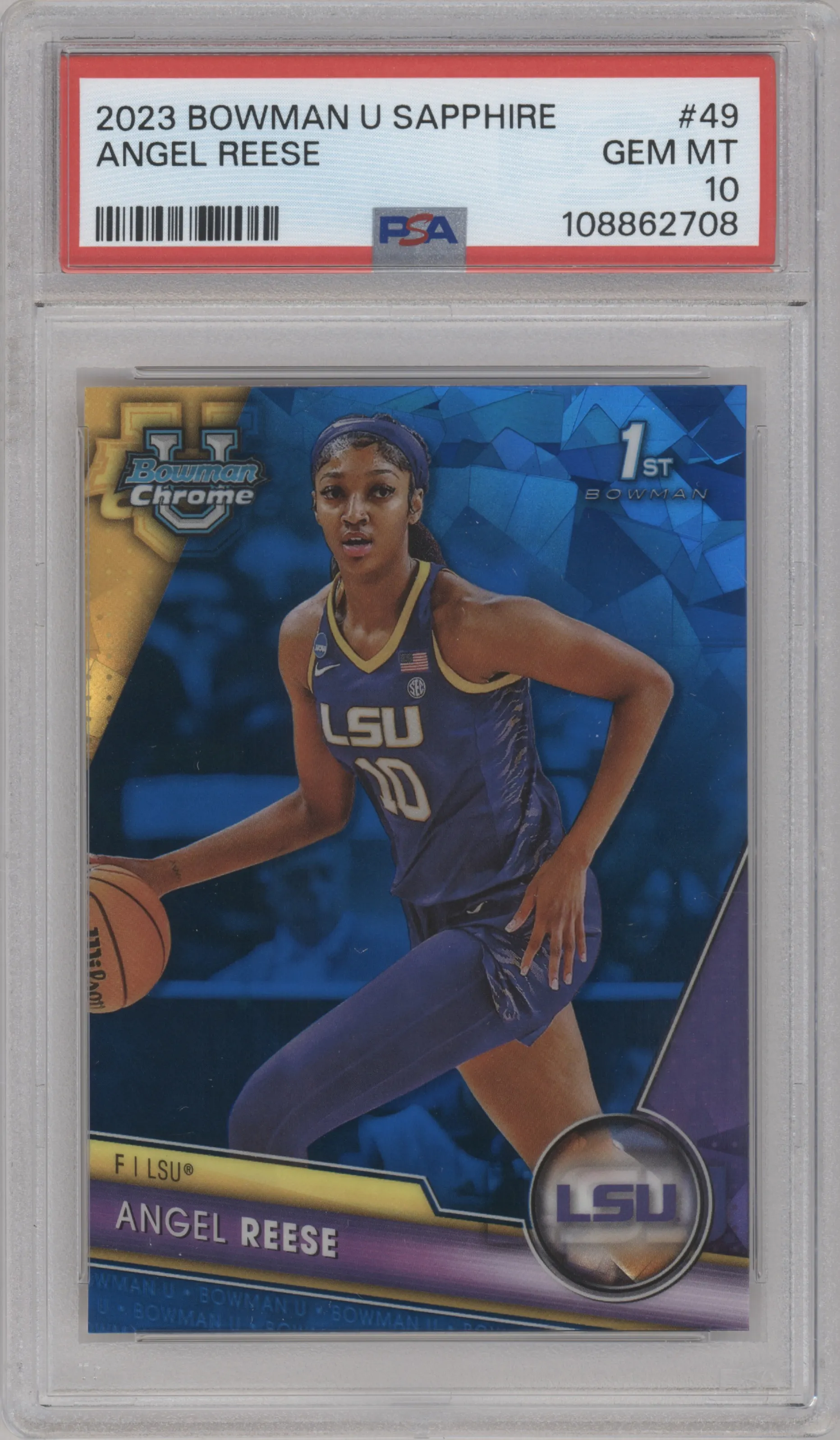  Angel Reese  from the 2023-24 Bowman U Chrome Sapphire set graded by PSA and given an overall grade of 10.