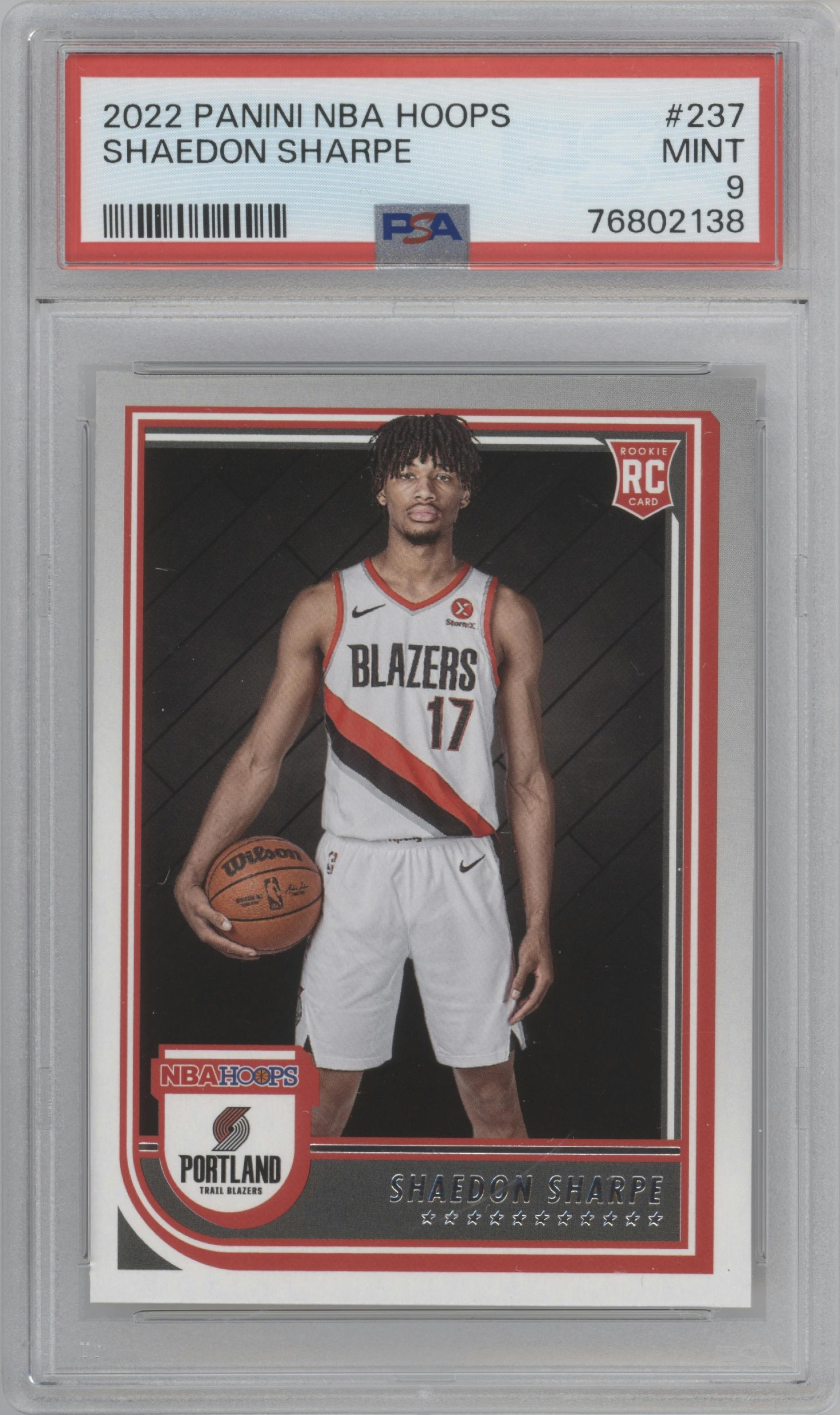 Shaedon Sharpe from the 2022-23 Panini NBA Hoops set graded by PSA and given an overall grade of 9.