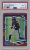 Jordan Addison from the 2023 Donruss Optic set featuring a Hyper Red parallel graded by PSA and given an overall grade of 10.