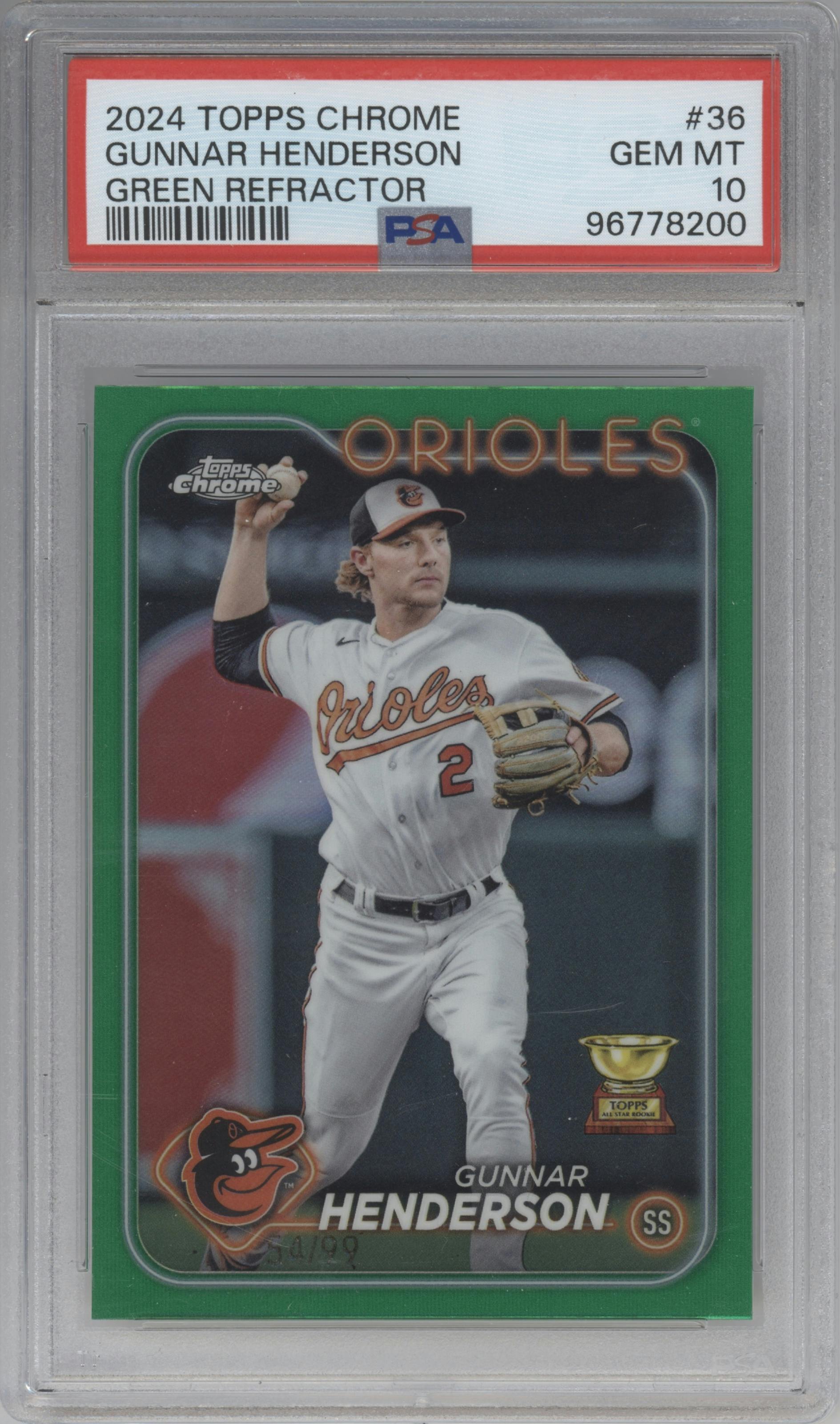 Gunnar Henderson from the 2024 Topps Chrome set featuring a Green Refractor parallel graded by PSA and given an overall grade of 10.