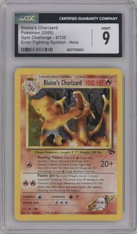 Blaine's Charizard from the 2000 Pokemon GH set featuring a Error Fighting Symbol parallel graded by CSG and given an overall grade of 9.