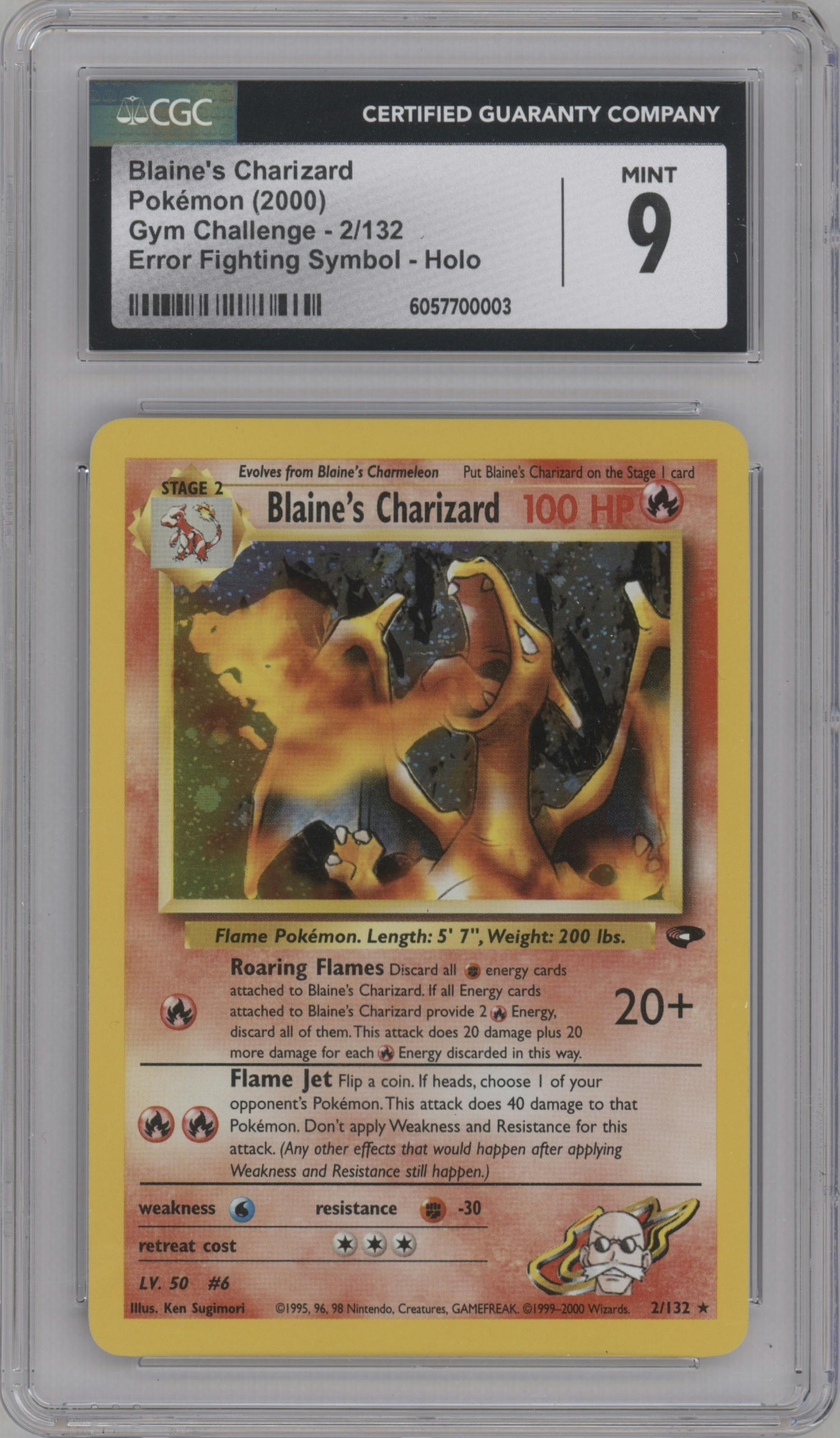 Blaine's Charizard from the 2000 Pokemon GH set featuring a Error Fighting Symbol parallel graded by CSG and given an overall grade of 9.