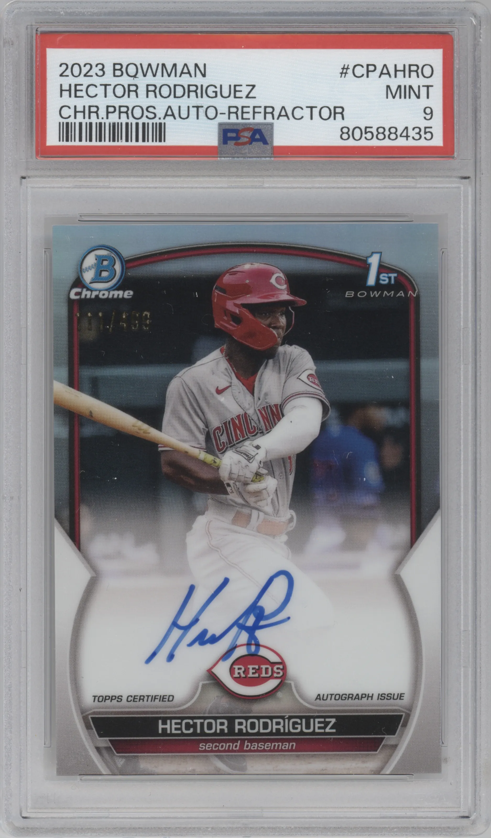 Hector Rodriguez from the 2023 Bowman  set featuring a Refractor parallel graded by PSA and given an overall grade of 9.