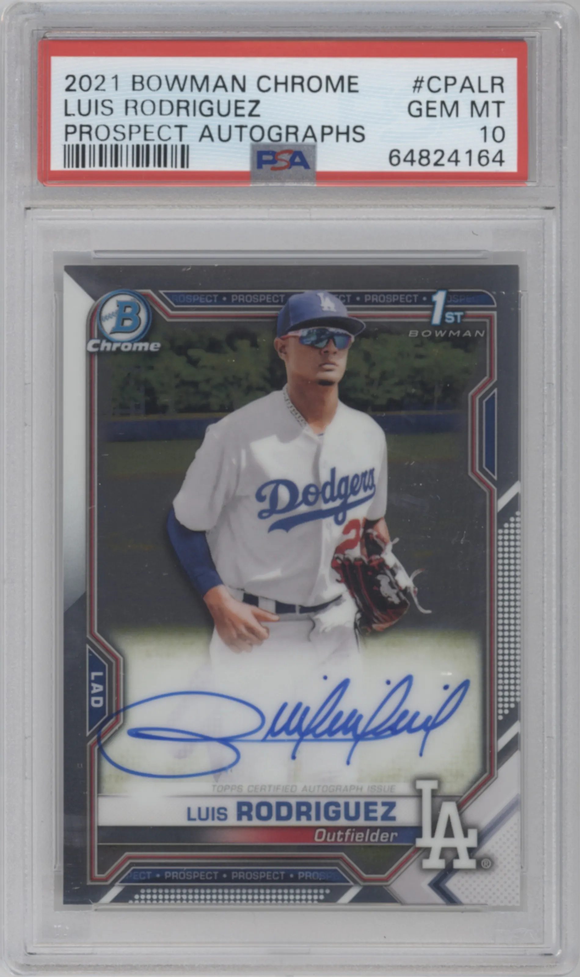 Luis Rodriguez from the 2021 Bowman Chrome set graded by PSA and given an overall grade of 10.