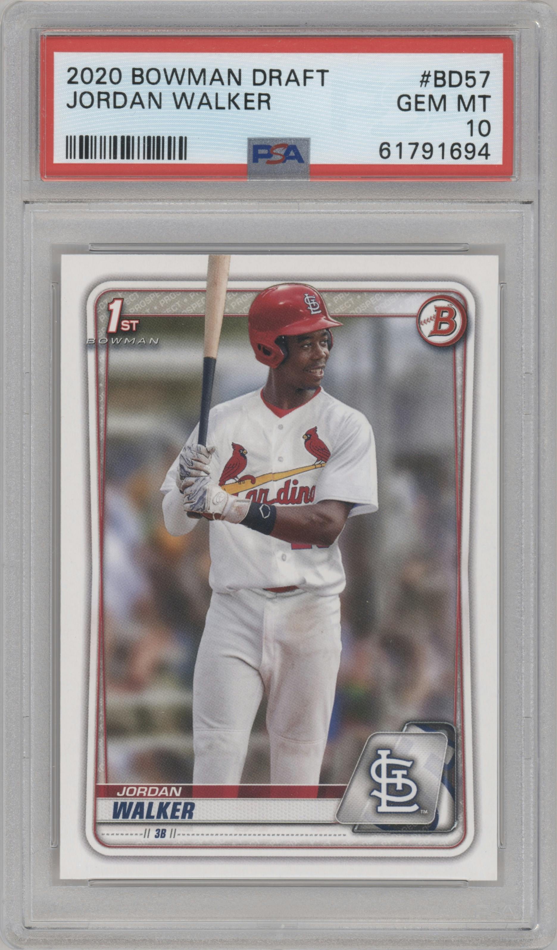 Jordan Walker from the 2020 Bowman Draft set graded by PSA and given an overall grade of 10.