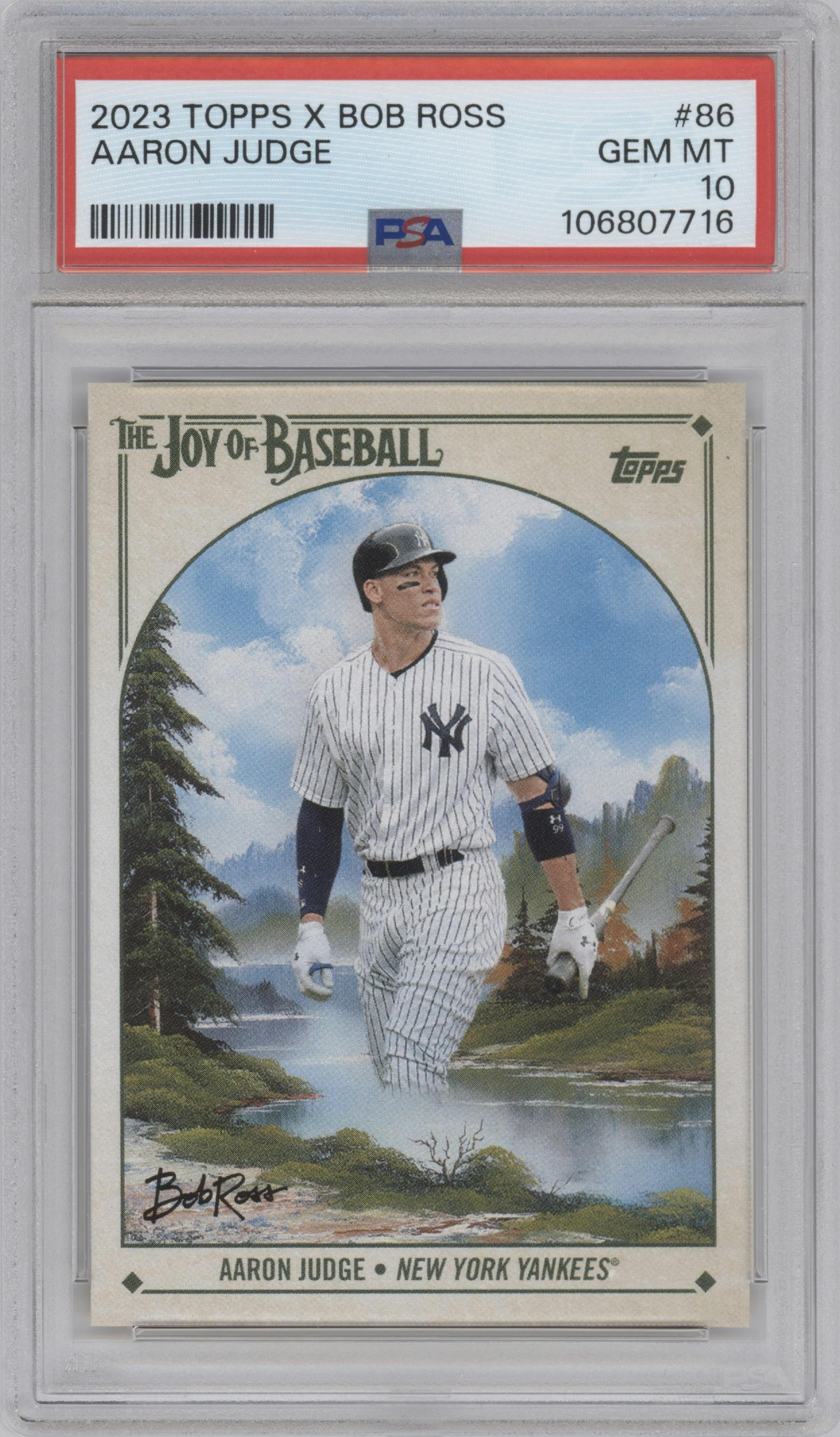 Aaron Judge from the 2023 Topps X Bob Ross The Joy of Baseball set graded by PSA and given an overall grade of 10.