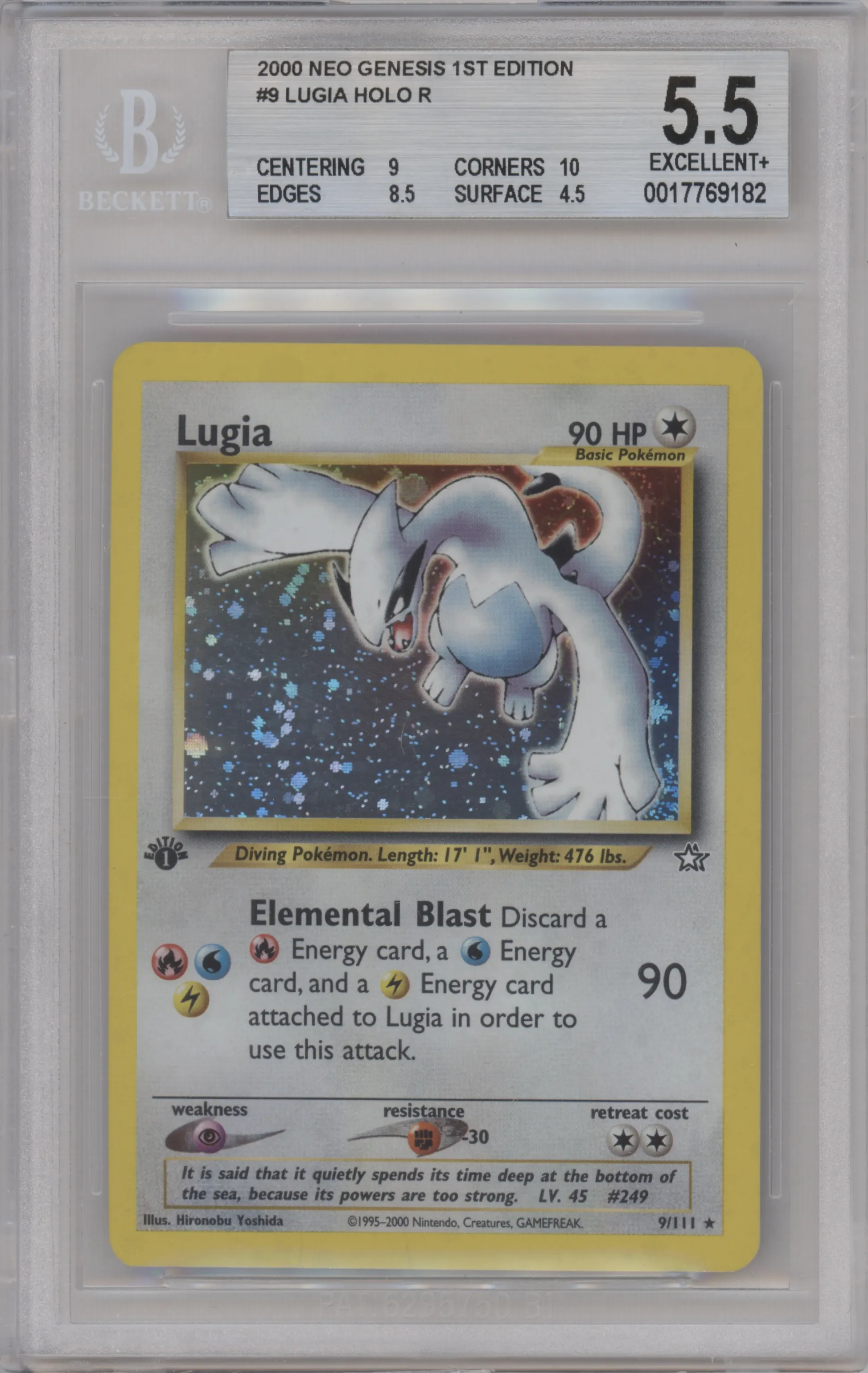 Lugia from the 2000 Pokemon Neo Genesis set graded by Beckett and given an overall grade of 5.5.
