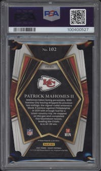 Patrick Mahomes II from the 2021 Panini Select set featuring a Die-Cut Green/Yellow parallel graded by PSA and given an overall grade of 9.