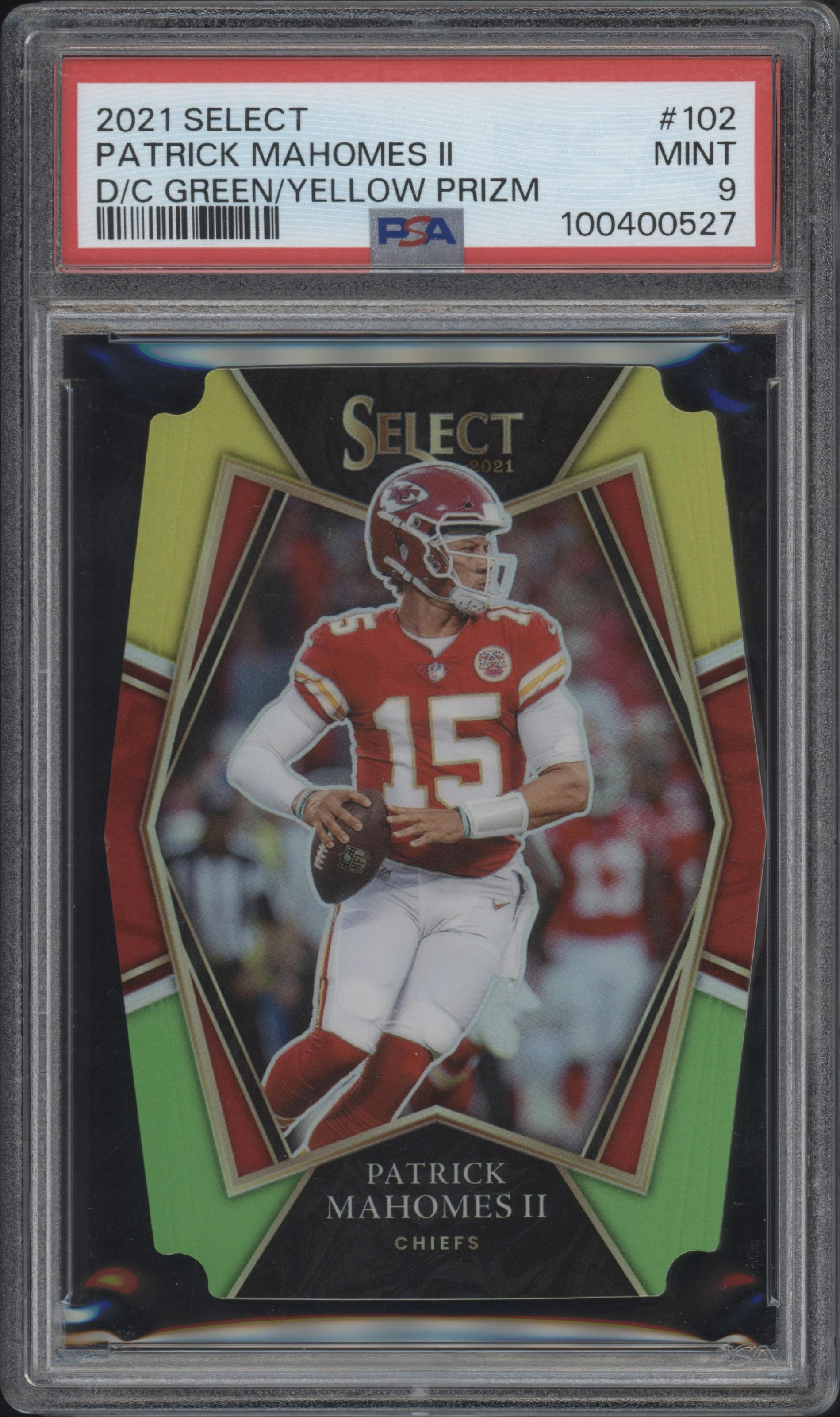 Patrick Mahomes II from the 2021 Panini Select set featuring a Die-Cut Green/Yellow parallel graded by PSA and given an overall grade of 9.